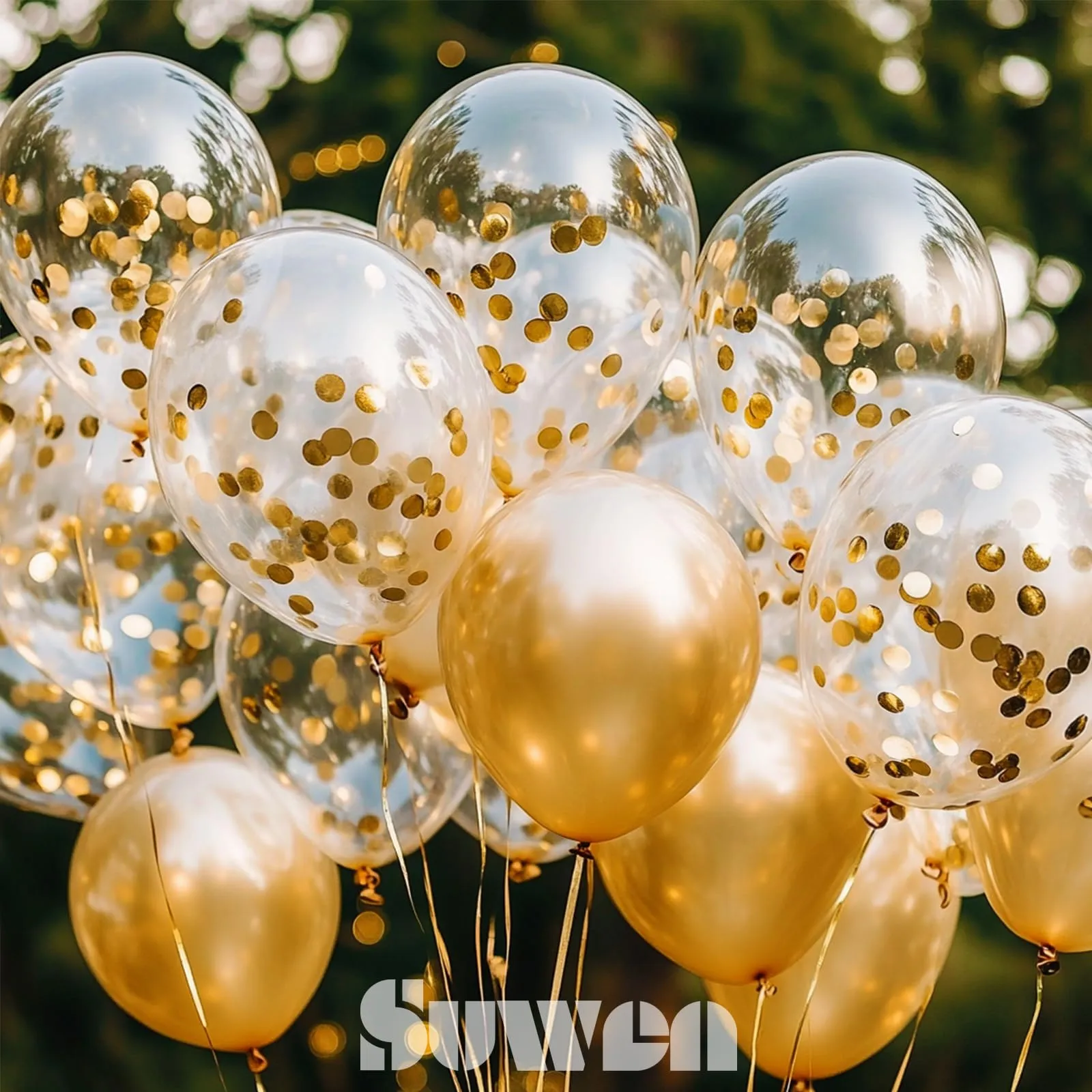 SUWEN Set di 47 Palloncini Oro Metallico e Confetti - immagine 4