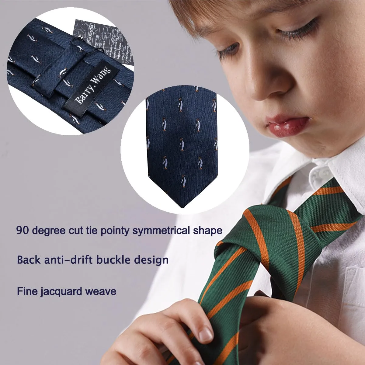 Barry.Wang Cravatta in seta a righe con pochette per ragazzi, Blu Pinguino - immagine 4