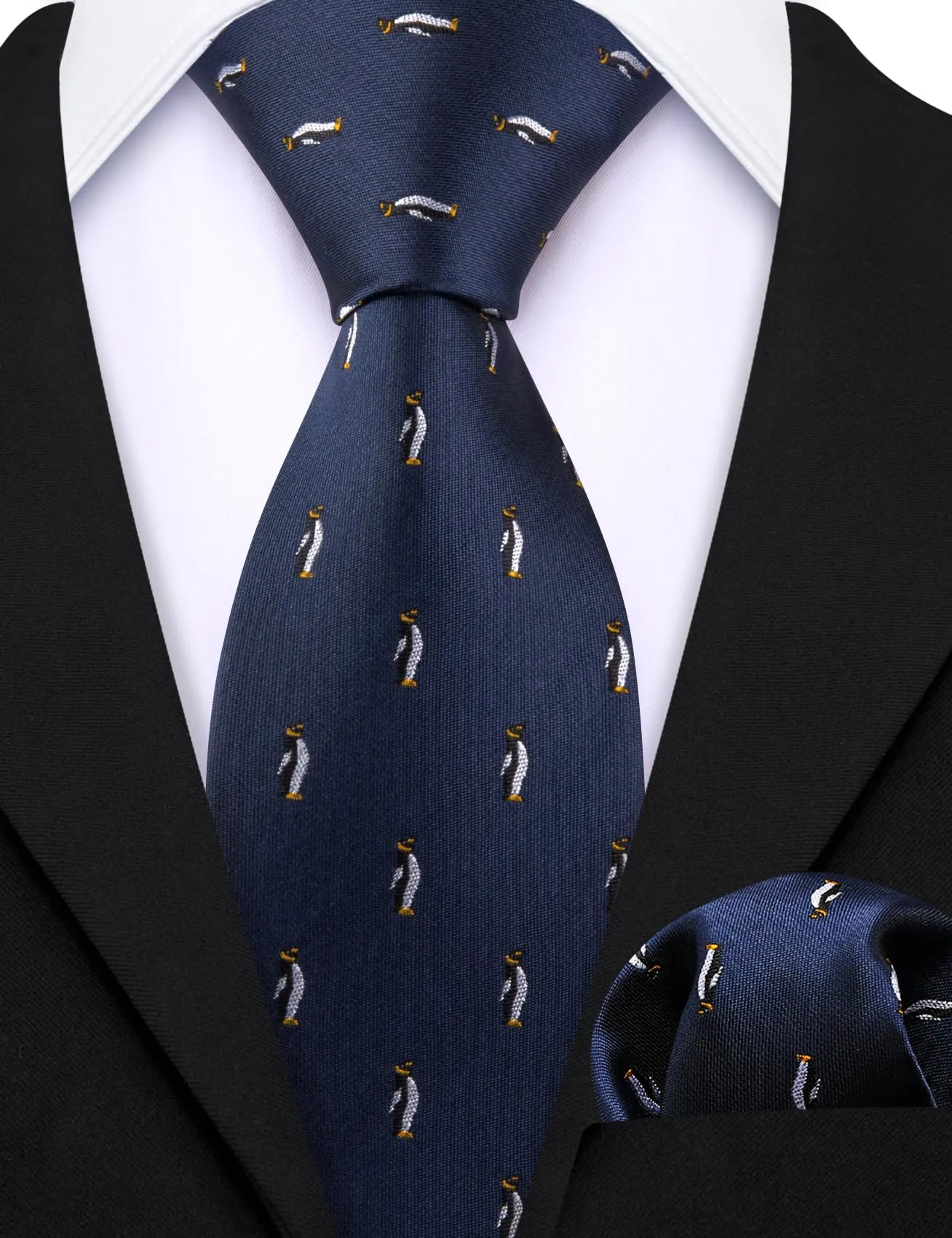 Barry.Wang Cravatta in seta a righe con pochette per ragazzi, Blu Pinguino - immagine 5