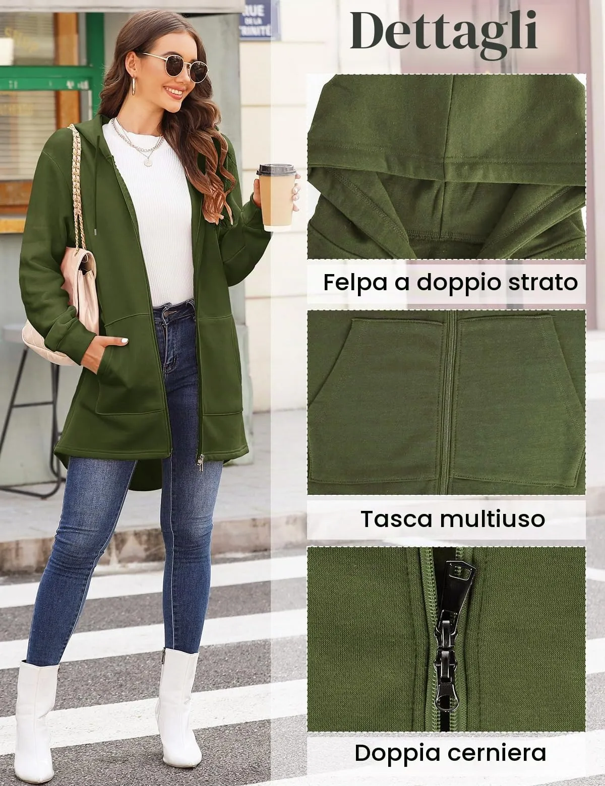 Tuopuda Felpa con Cappuccio e Zip per Donna, Verde, M - immagine 4