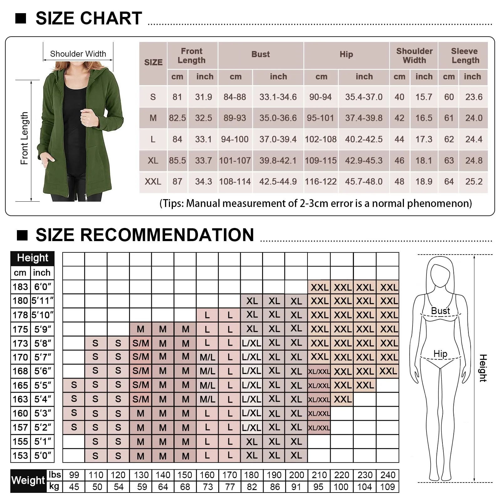 Tuopuda Felpa con Cappuccio e Zip Donna, Verde, S - immagine 3