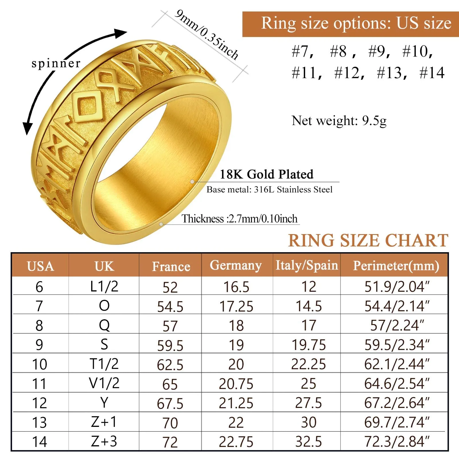 FindChic Anello Antistress Girevolo con Rune Nordiche in Acciaio Inossidabile, Oro, Misura 25 - immagine 6