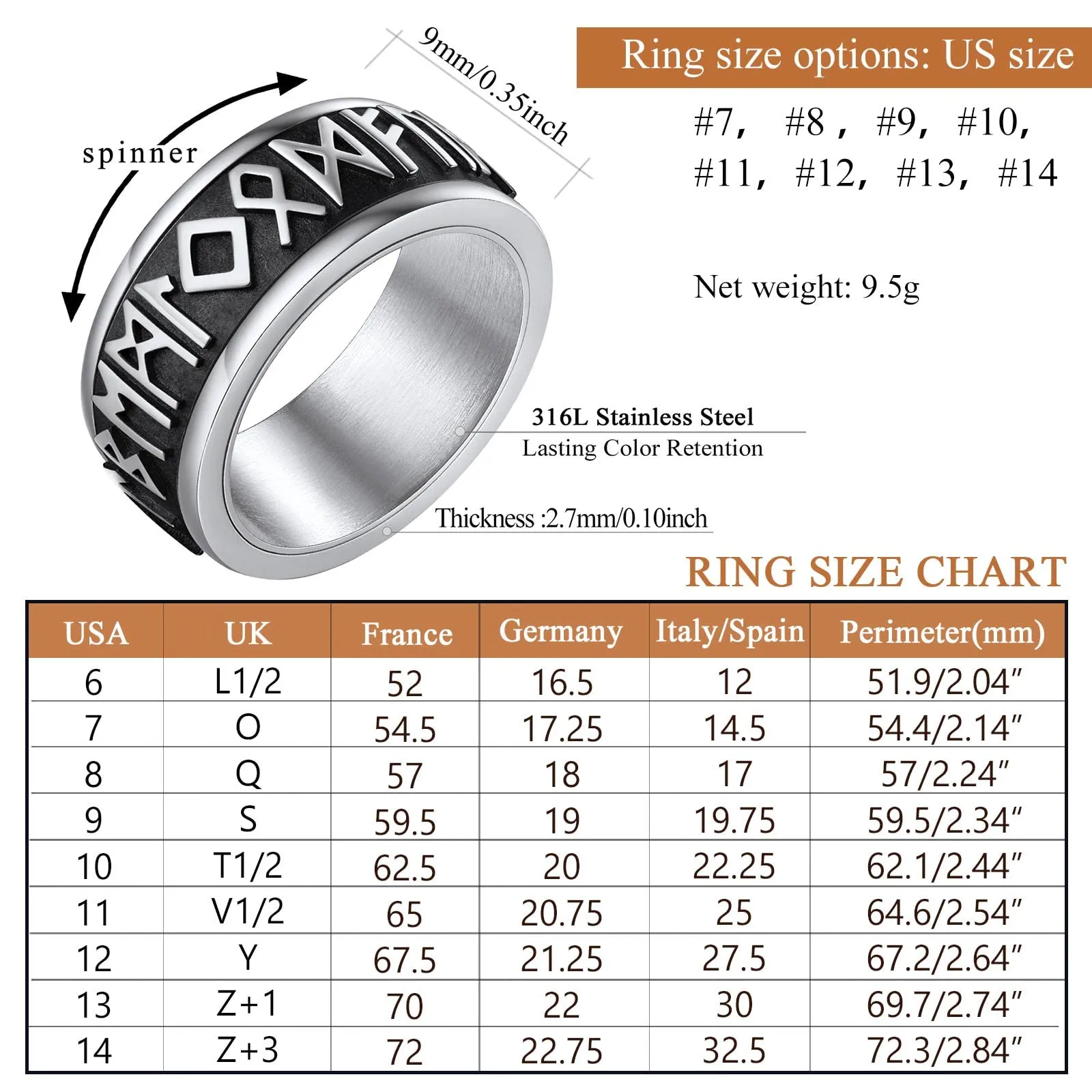 FindChic Anello Antistress Girevolo con Rune Nordiche in Acciaio Inossidabile, Argento, Misura 17 - immagine 6