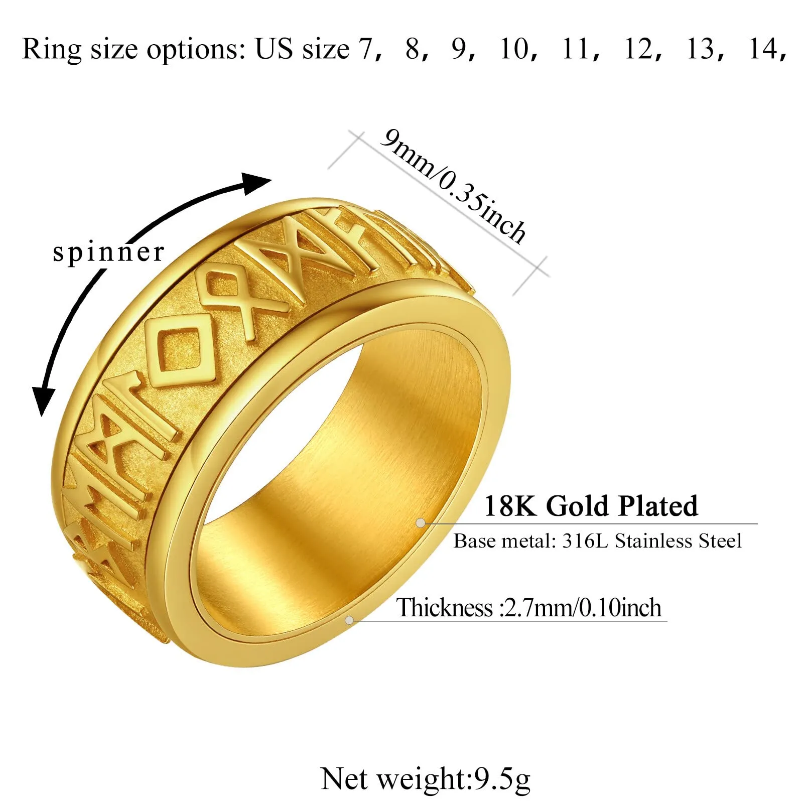 FindChic Anello Antistress Girevolo con Rune Nordiche in Acciaio Inossidabile, Oro, Misura 22.25 - immagine 5