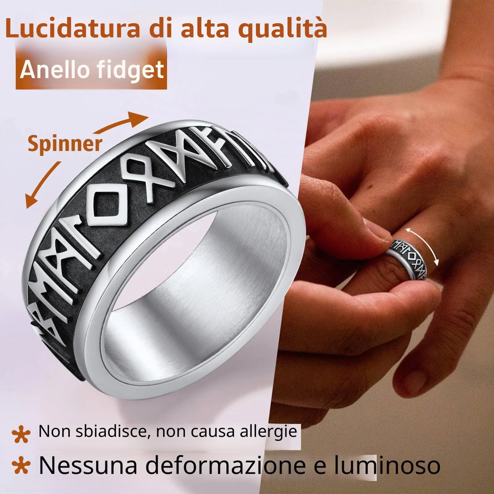 FindChic Anello Antistress Girevolo Uomo con Rune Nordiche in Acciaio Inossidabile, Argento, Misura 27.5 - immagine 4