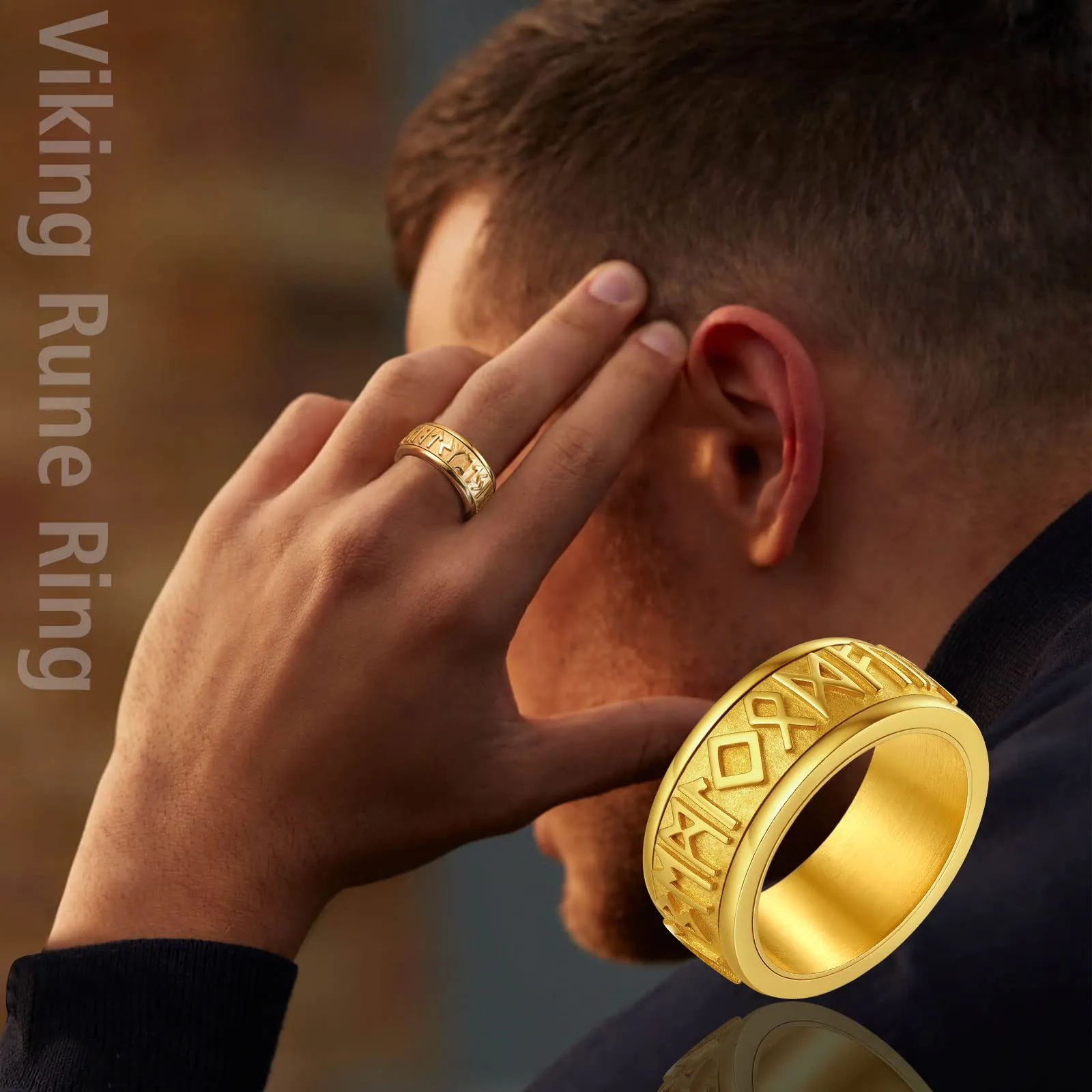 FindChic Anello Antistress Girevolo con Rune Nordiche in Acciaio Inossidabile Oro, Misura 30 - immagine 2