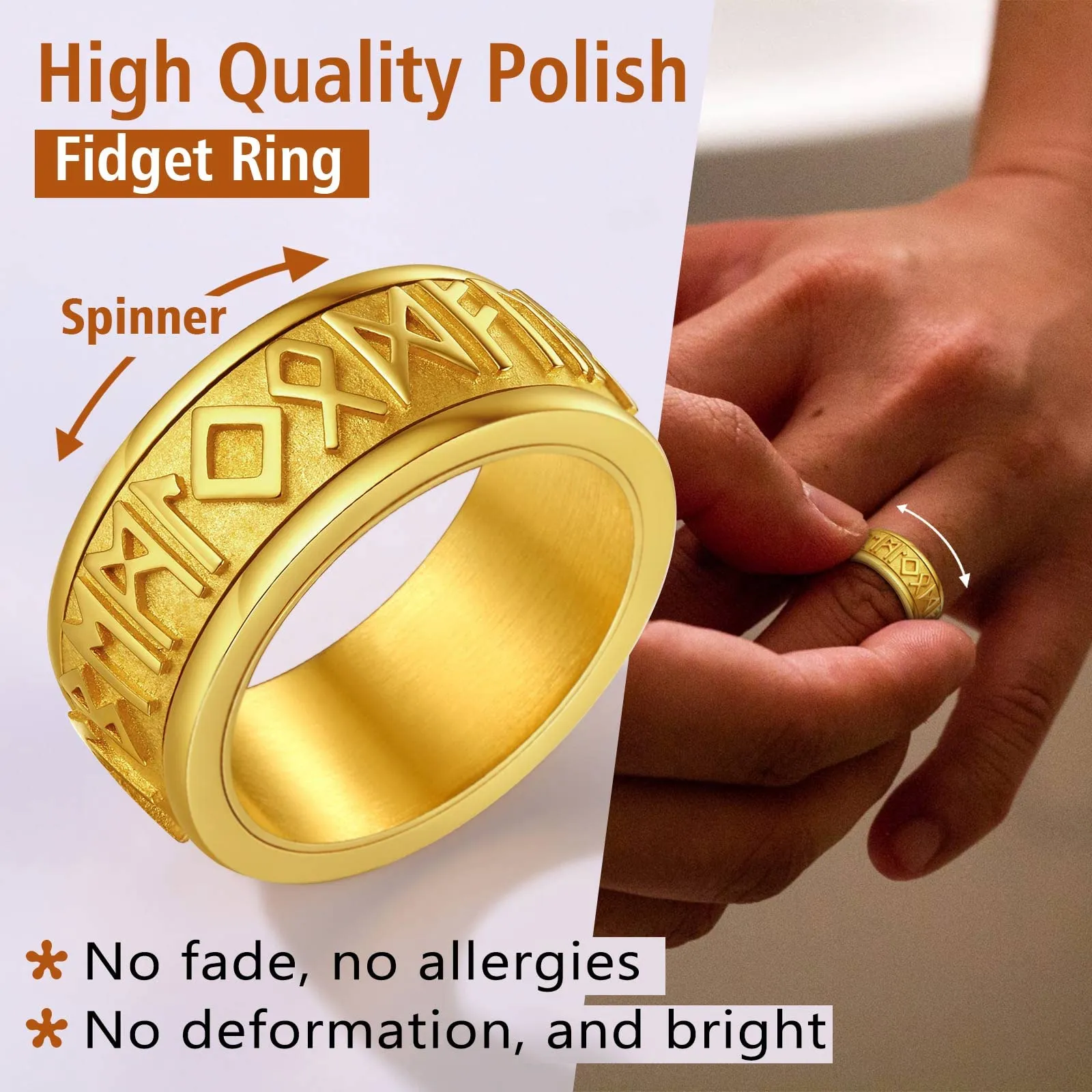 FindChic Anello Spinner Antistress con Rune Nordiche in Acciaio Inossidabile Oro misura 27.5 - immagine 4