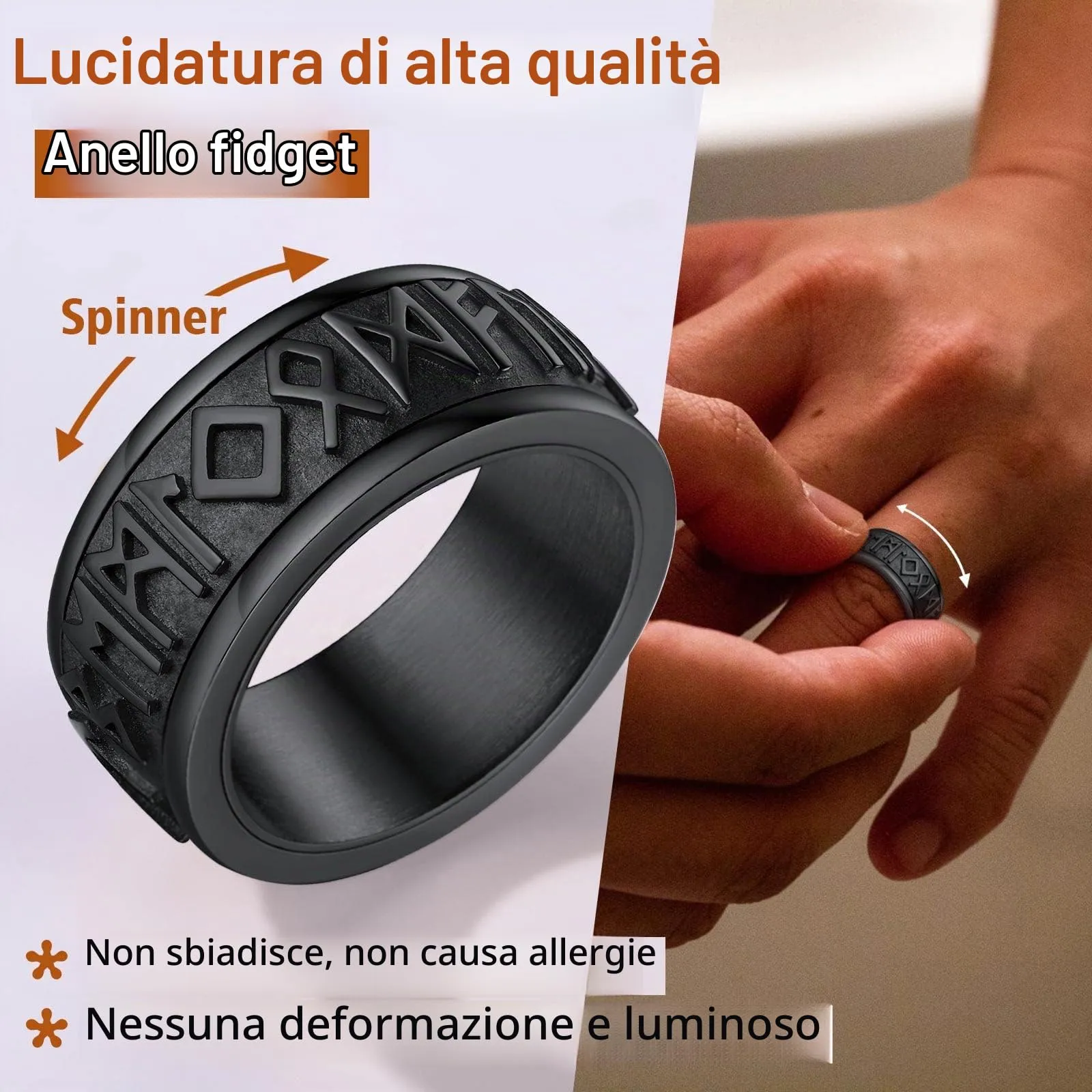 FindChic Anello Antistress Girevolo Uomo con Rune Nordiche in Acciaio Inossidabile Nero, Misura 27.5 - immagine 4