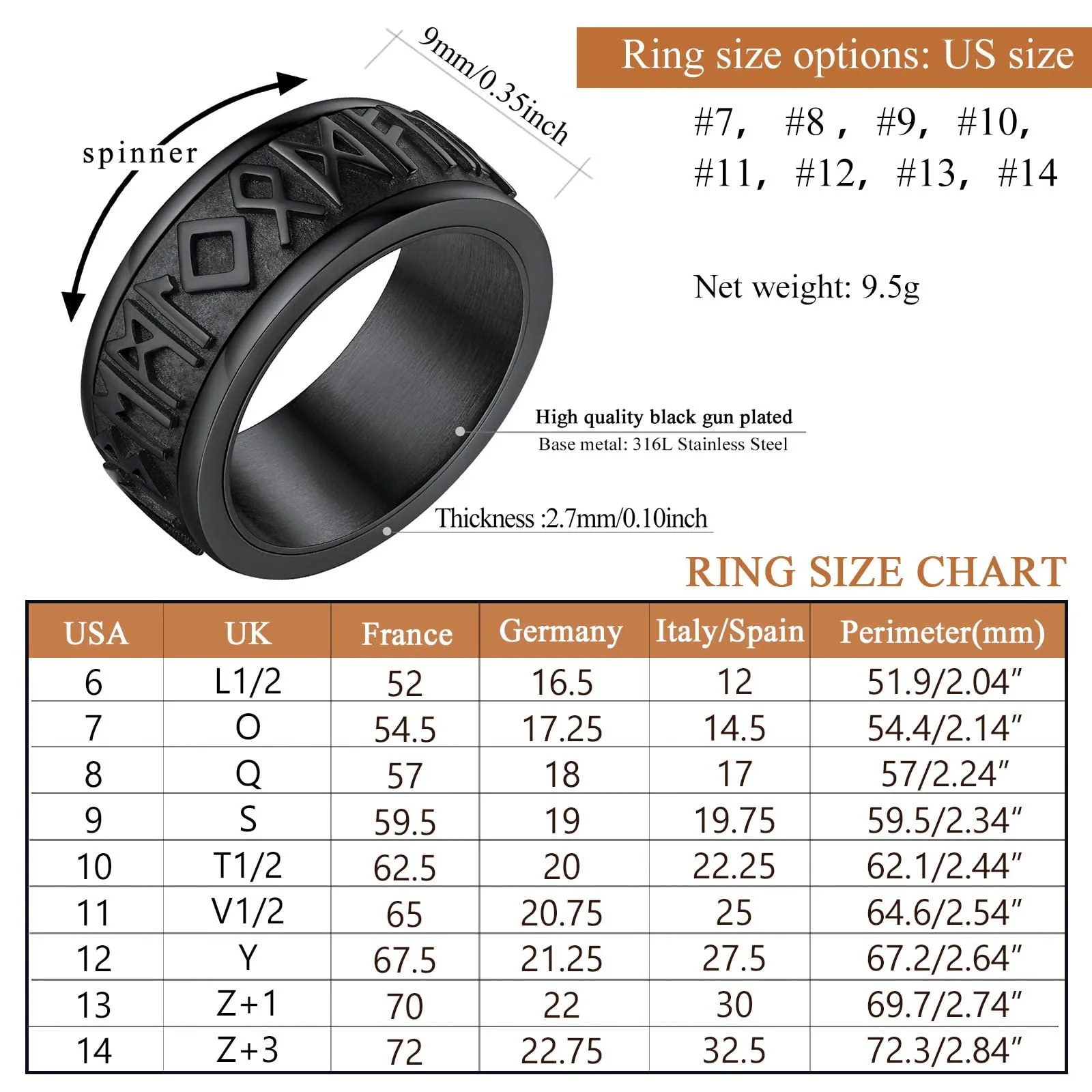FindChic Anello Antistress Girevolo Uomo con Rune Nordiche in Acciaio Inossidabile Nero, Misura 9 - immagine 6