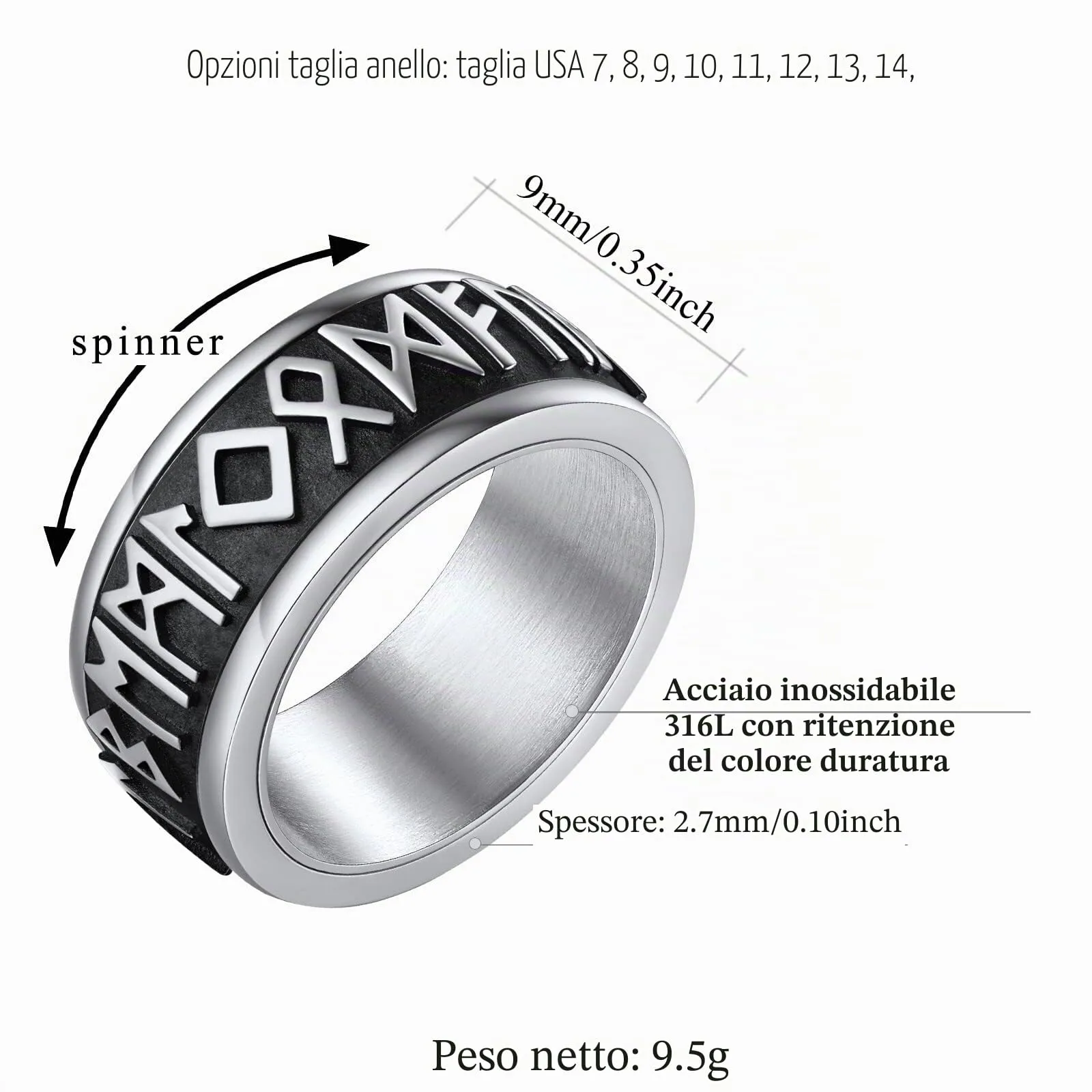 FindChic Anello Antistress Girevolo Uomo con Rune Nordiche in Acciaio Inossidabile, Argento, Misura 14.5 - immagine 7