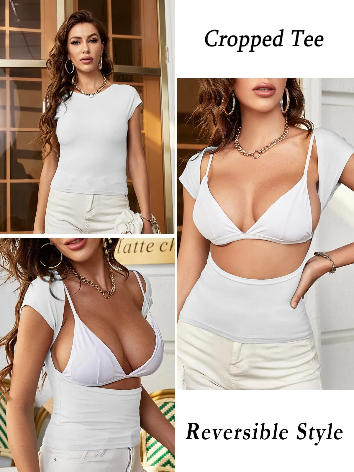 ForeFair Maglietta crop da donna a maniche corte con schiena scoperta, Bianco, L - immagine 3