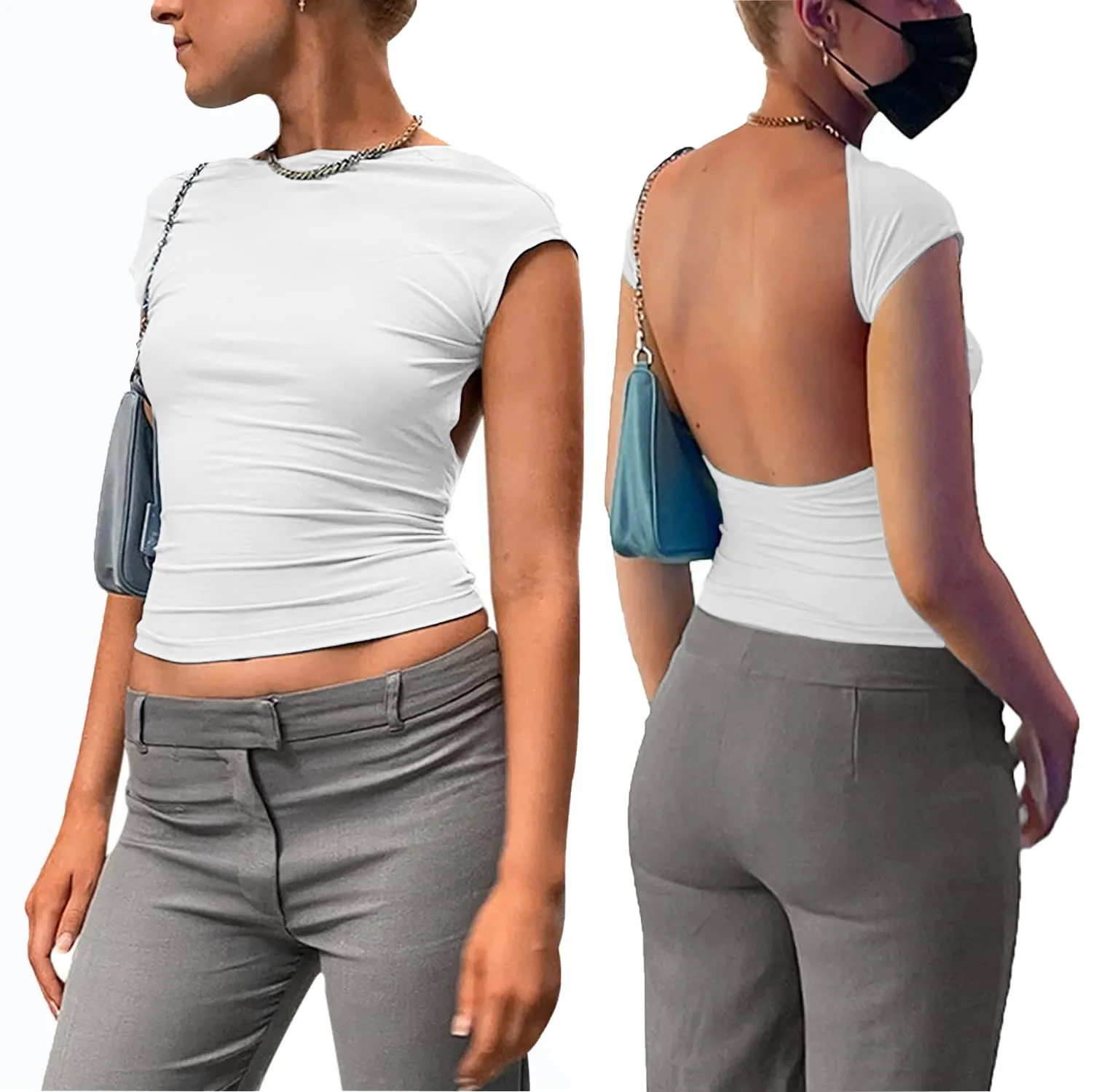 ForeFair Maglietta Crop Donna con Schiena Scoperta, Maniche Corte, Bianco, S - immagine 2