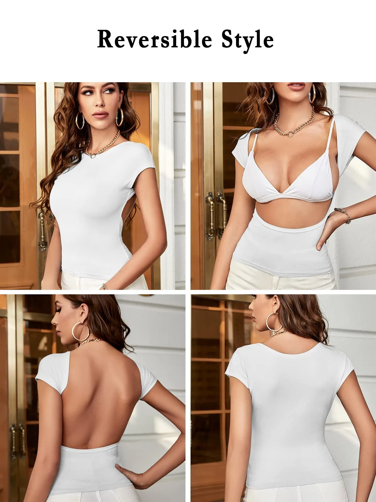 ForeFair Maglietta Crop Donna con Schiena Scoperta, Maniche Corte, Bianco, S - immagine 4
