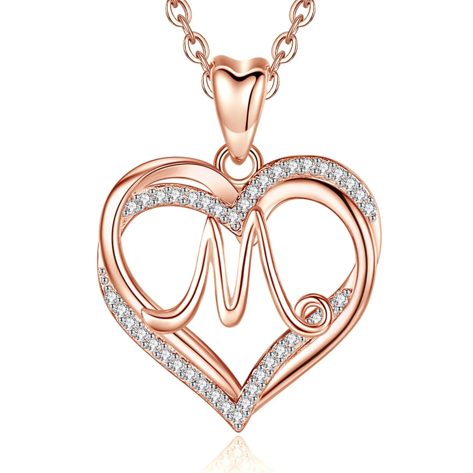 INFUSEU Collana con Lettera M e Ciondolo Cuore in Oro Rosa, Cubic Zirconia, 20 Pollici - immagine 1