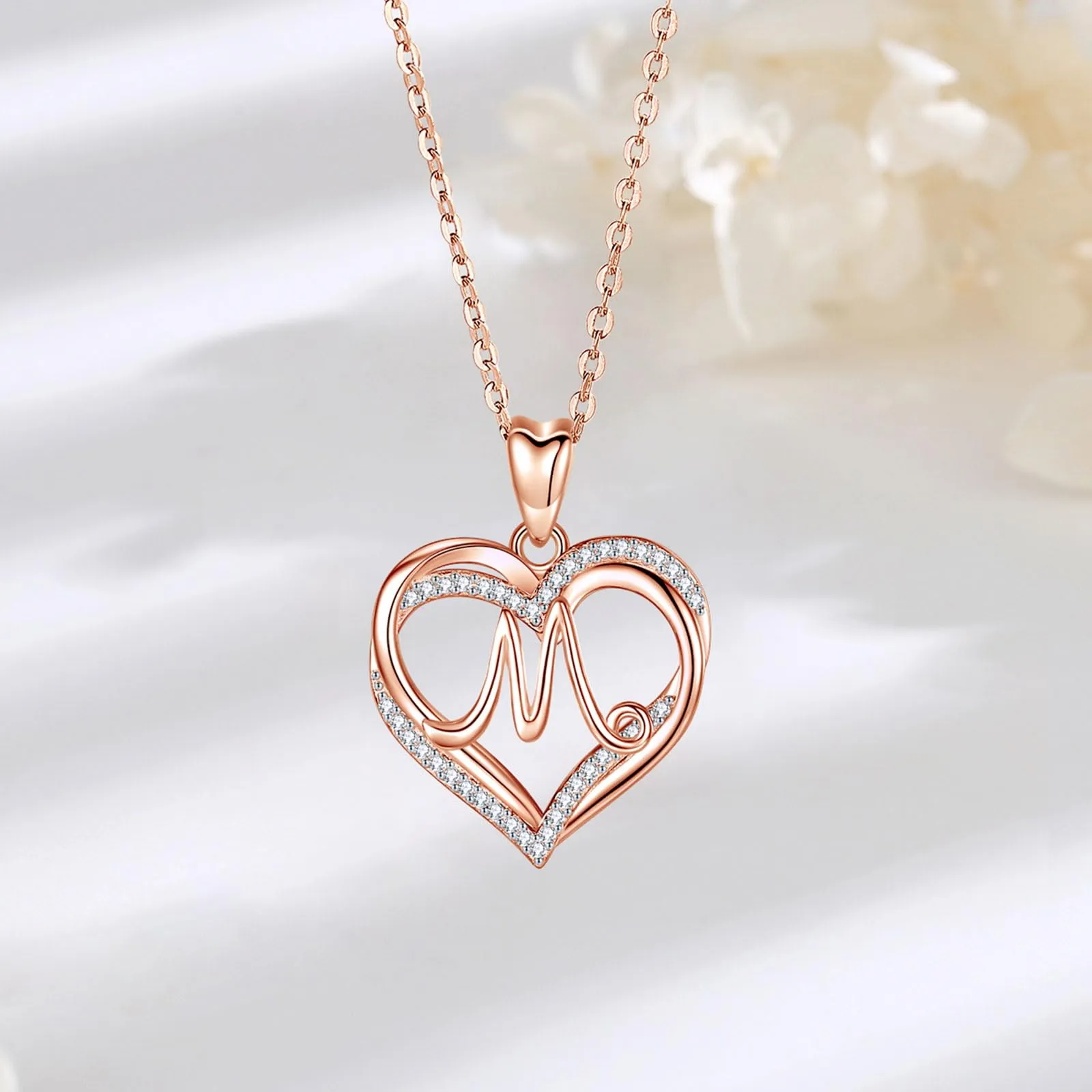 INFUSEU Collana con Lettera M e Ciondolo Cuore in Oro Rosa, Cubic Zirconia, 20 Pollici - immagine 9