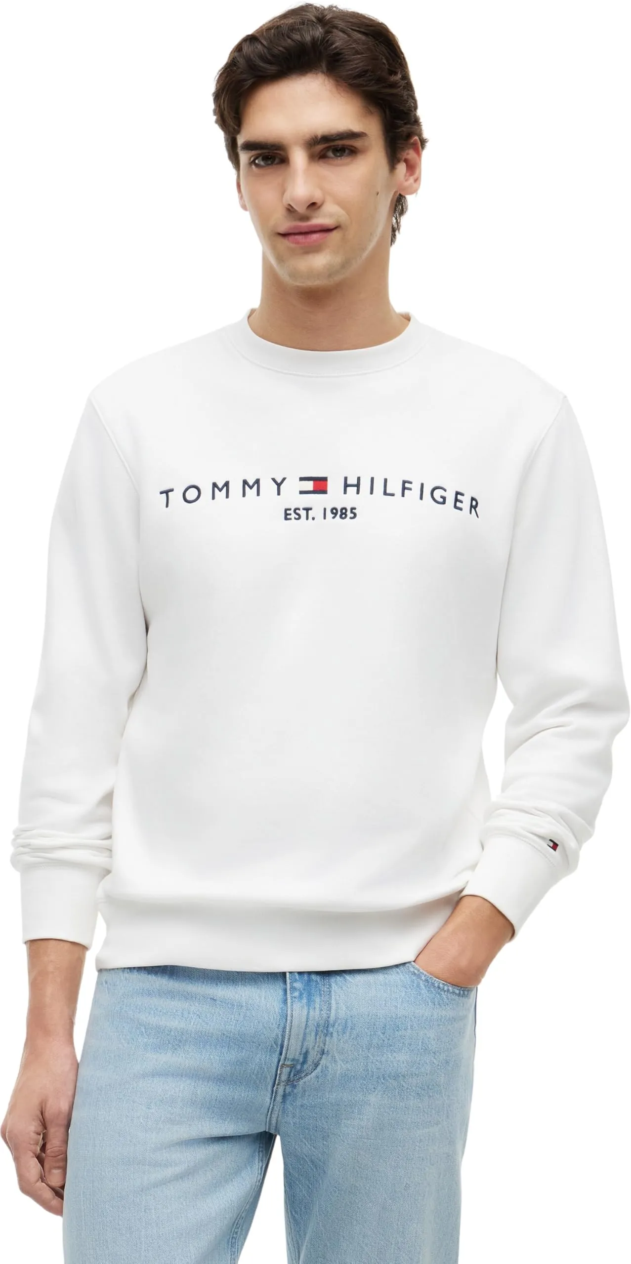 Tommy Hilfiger Felpa Uomo Logo Senza Cappuccio, Bianco, XS - immagine 1