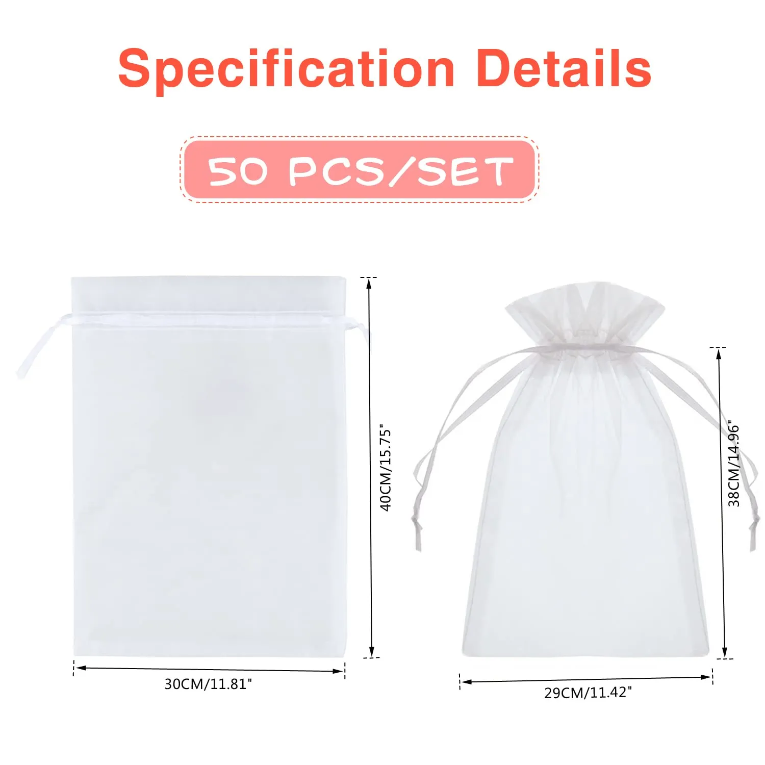 YFZYT Sacchetti in Organza Bianchi, 30x40 cm, 50 Pezzi - immagine 2