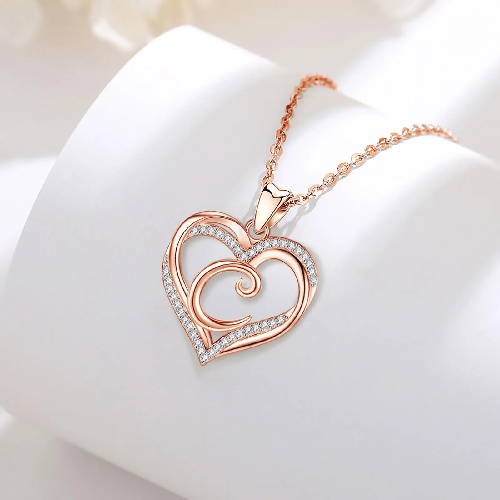 INFUSEU Collana Iniziale con Doppio Cuore e Ciondolo Lettera A-Z, Oro Rosa, Cubic Zirconia, Catena da 20 Pollici - immagine 2