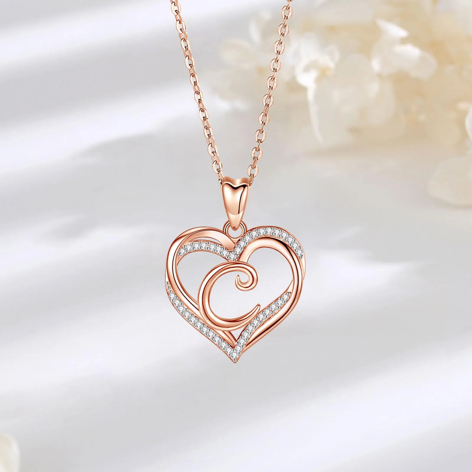 INFUSEU Collana Iniziale con Doppio Cuore e Ciondolo Lettera A-Z, Oro Rosa, Cubic Zirconia, Catena da 20 Pollici - immagine 3