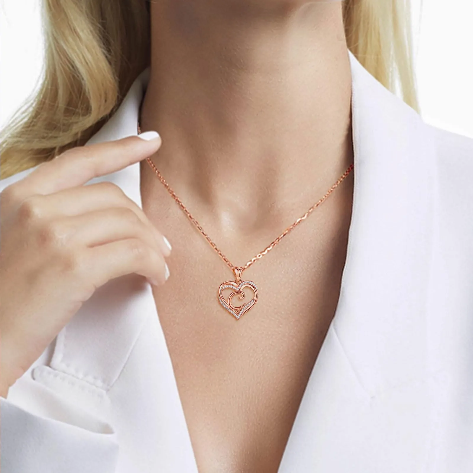 INFUSEU Collana Iniziale con Doppio Cuore e Ciondolo Lettera A-Z, Oro Rosa, Cubic Zirconia, Catena da 20 Pollici - immagine 7
