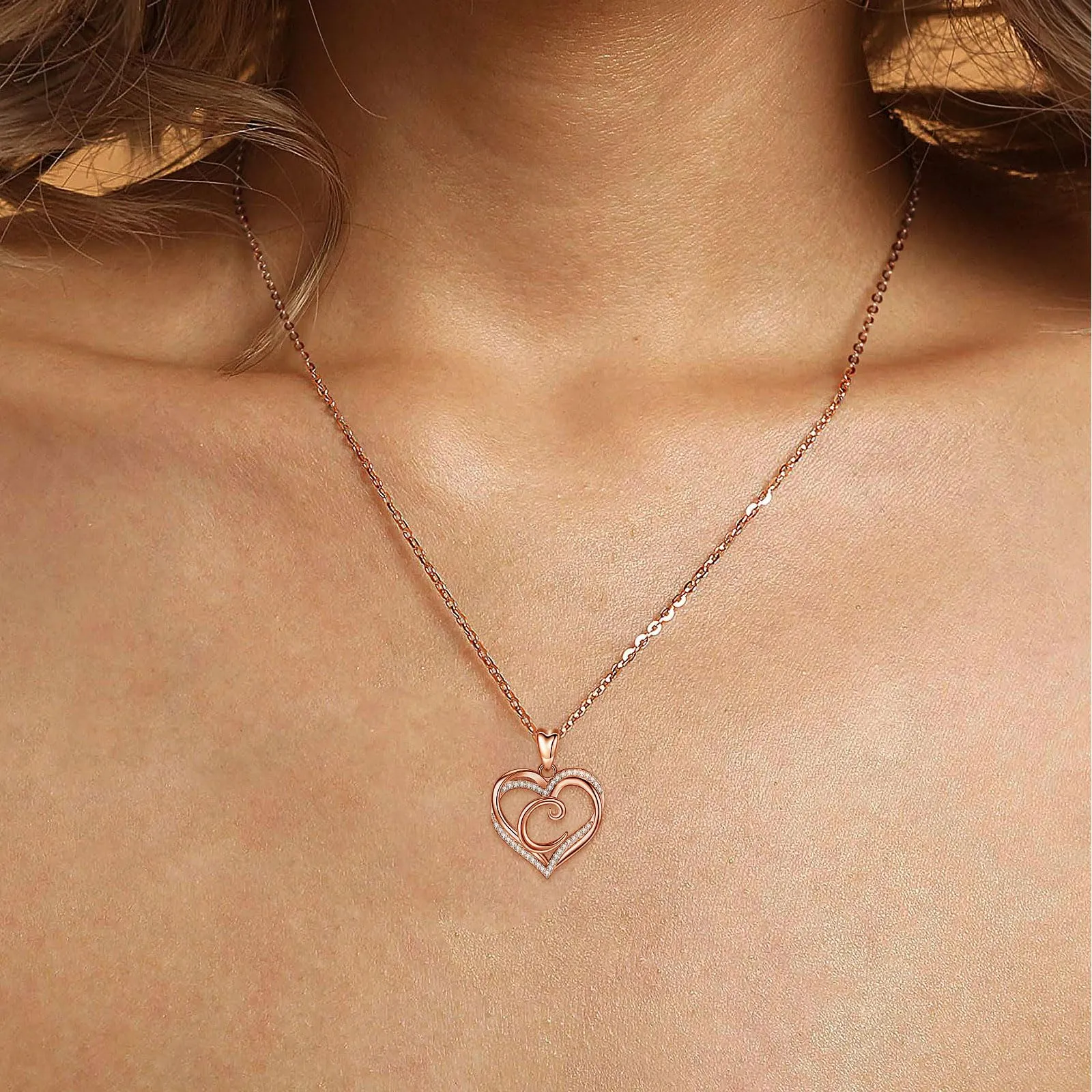 INFUSEU Collana Iniziale con Doppio Cuore e Ciondolo Lettera A-Z, Oro Rosa, Cubic Zirconia, Catena da 20 Pollici - immagine 8