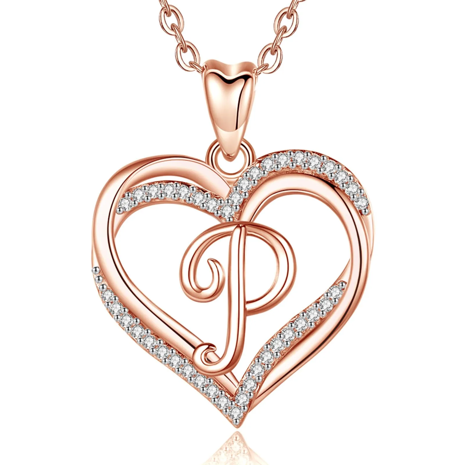 INFUSEU Collana Lettera Doppio Cuore in Oro Rosa con Cubic Zirconia, Catena 20 Pollici - immagine 1