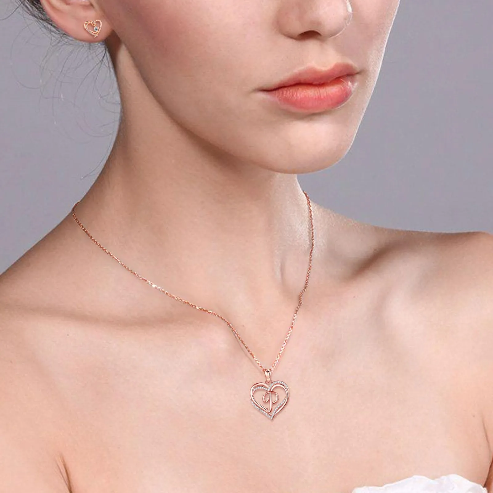 INFUSEU Collana Lettera Doppio Cuore in Oro Rosa con Cubic Zirconia, Catena 20 Pollici - immagine 3