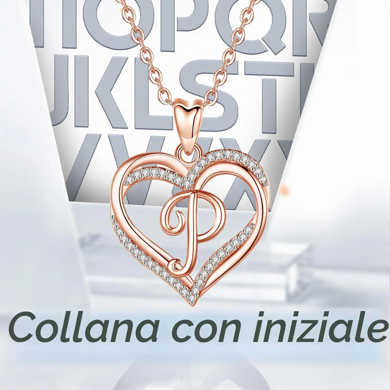 INFUSEU Collana Lettera Doppio Cuore in Oro Rosa con Cubic Zirconia, Catena 20 Pollici - immagine 4