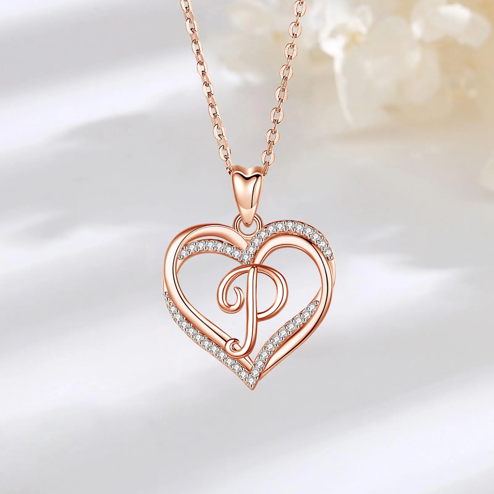 INFUSEU Collana Lettera Doppio Cuore in Oro Rosa con Cubic Zirconia, Catena 20 Pollici - immagine 6