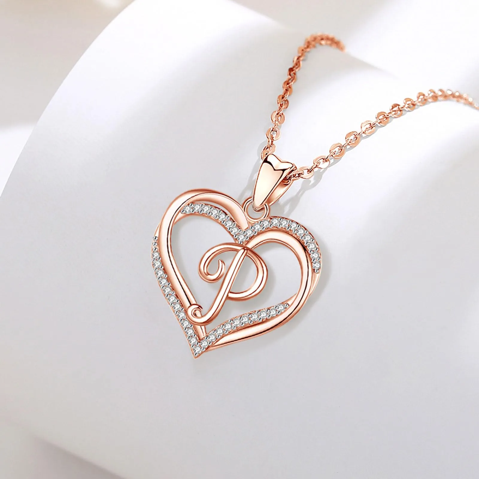 INFUSEU Collana Lettera Doppio Cuore in Oro Rosa con Cubic Zirconia, Catena 20 Pollici - immagine 9