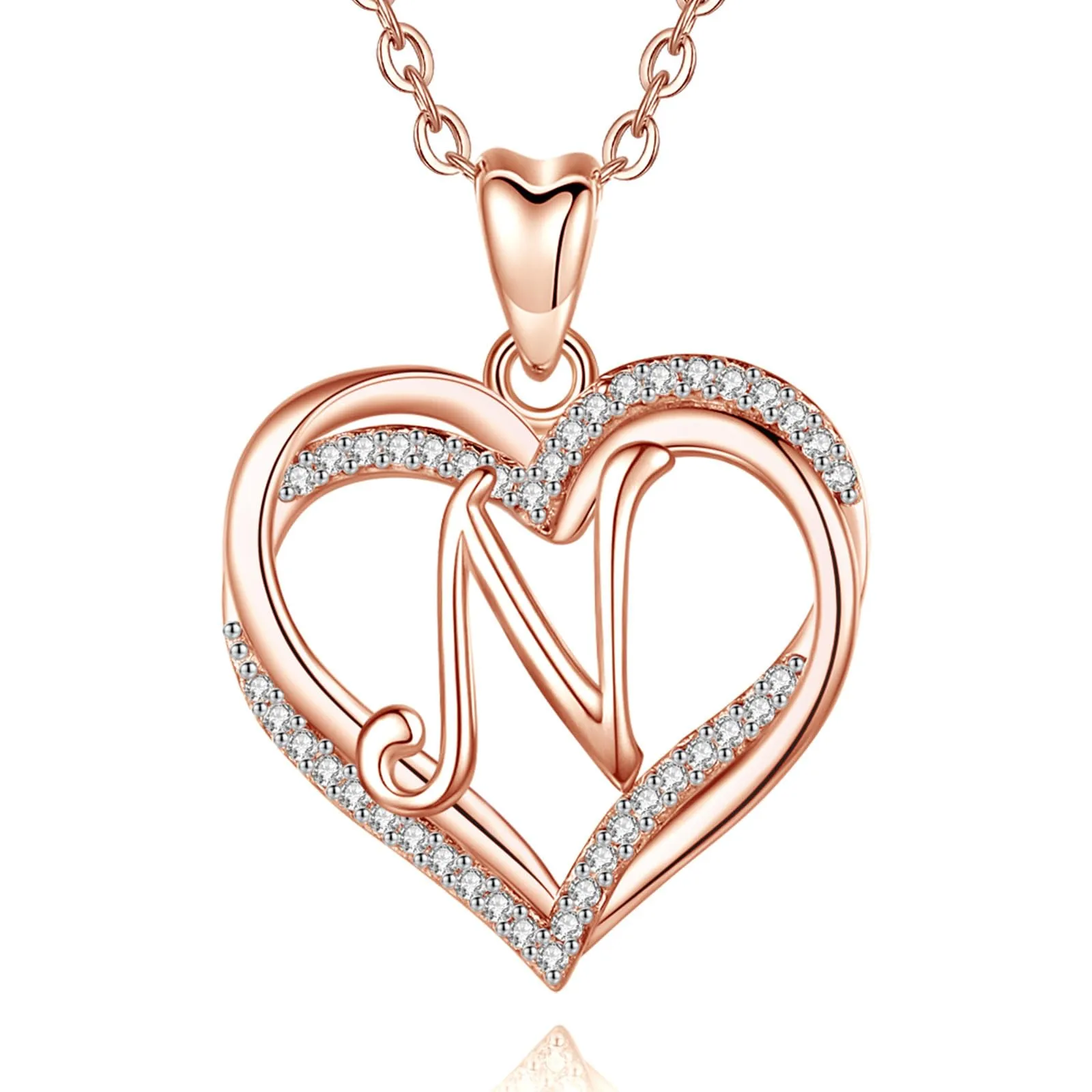 INFUSEU Collana con Ciondolo Lettera N e Doppio Cuore, Oro Rosa e Cubic Zirconia - immagine 1