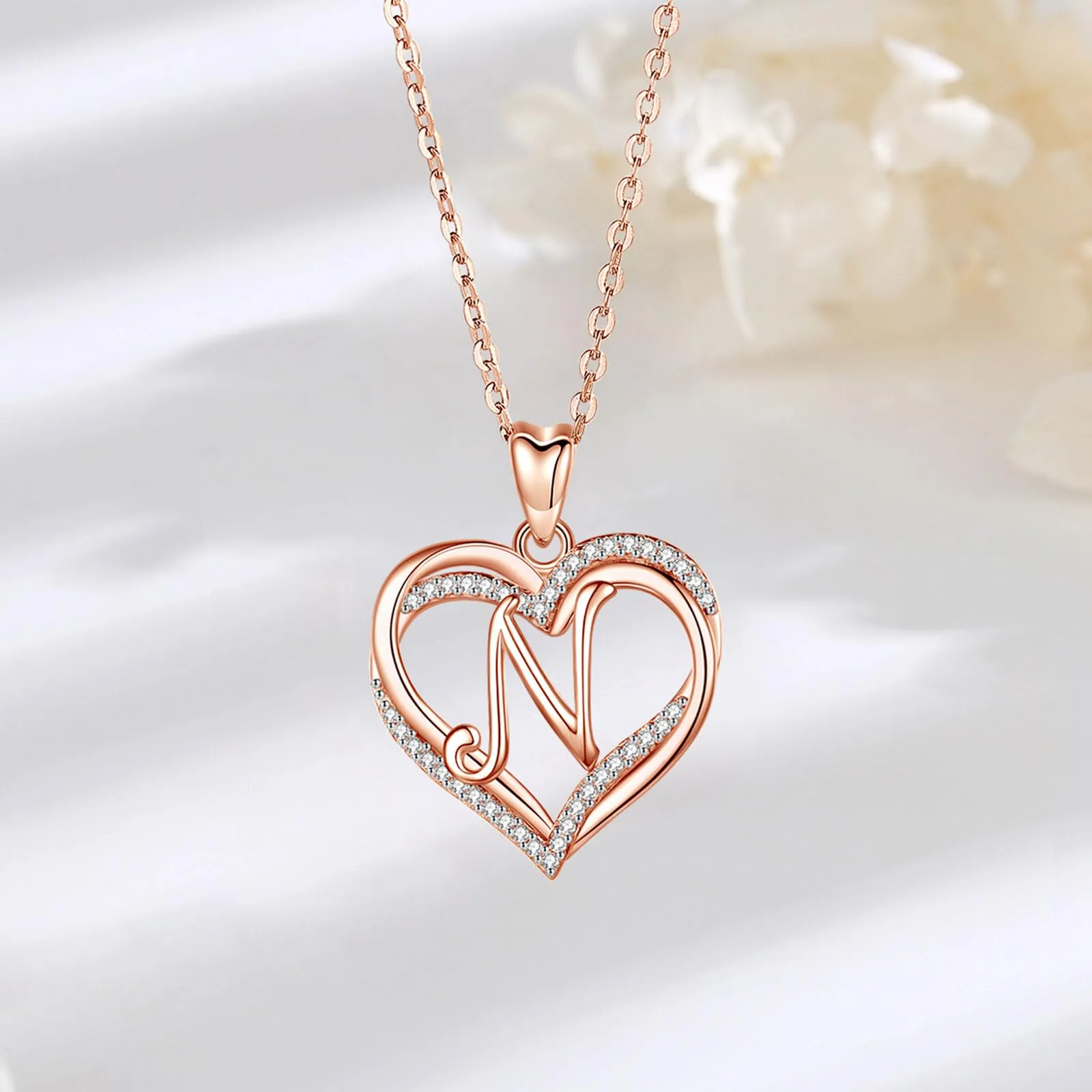 INFUSEU Collana con Ciondolo Lettera N e Doppio Cuore, Oro Rosa e Cubic Zirconia - immagine 2