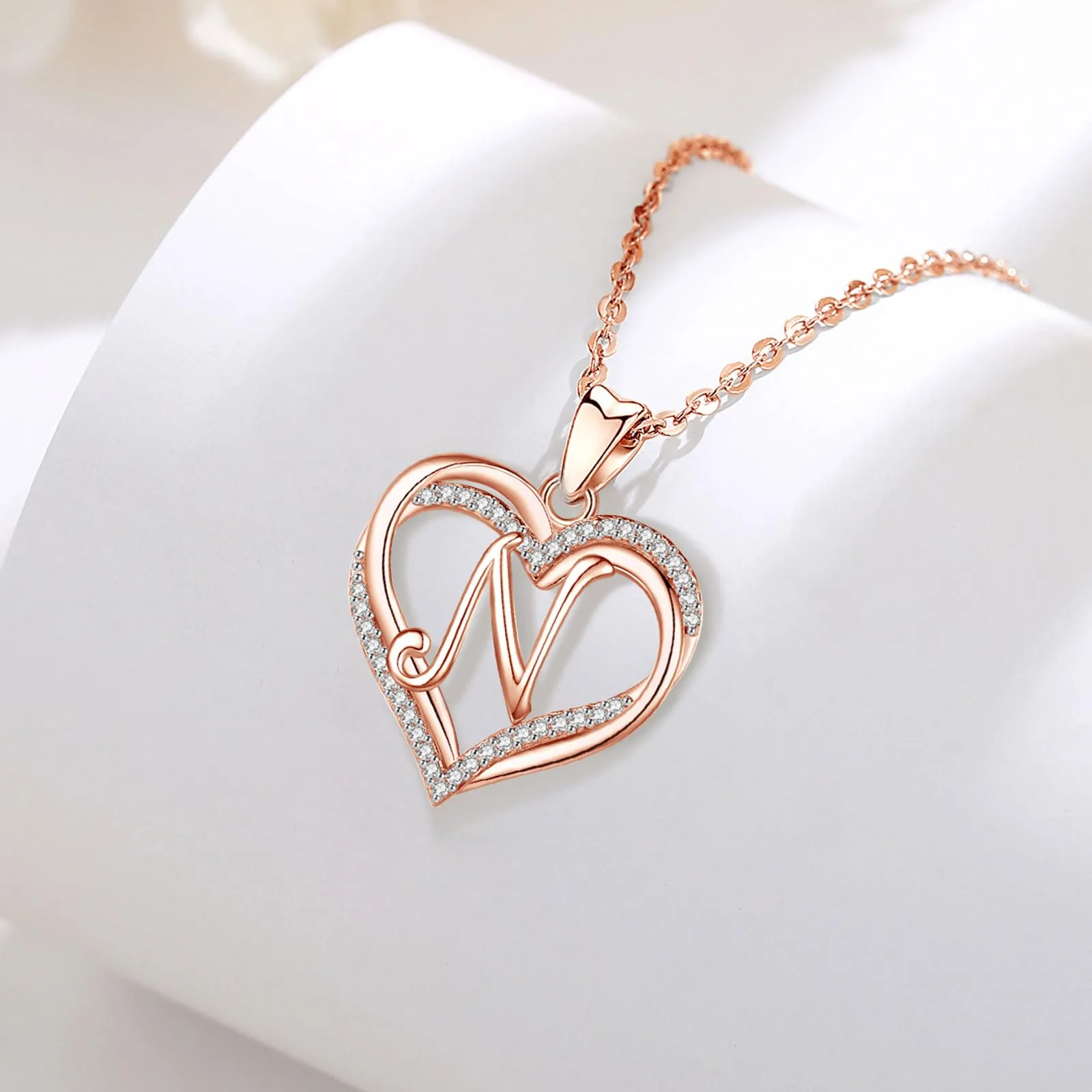 INFUSEU Collana con Ciondolo Lettera N e Doppio Cuore, Oro Rosa e Cubic Zirconia - immagine 3