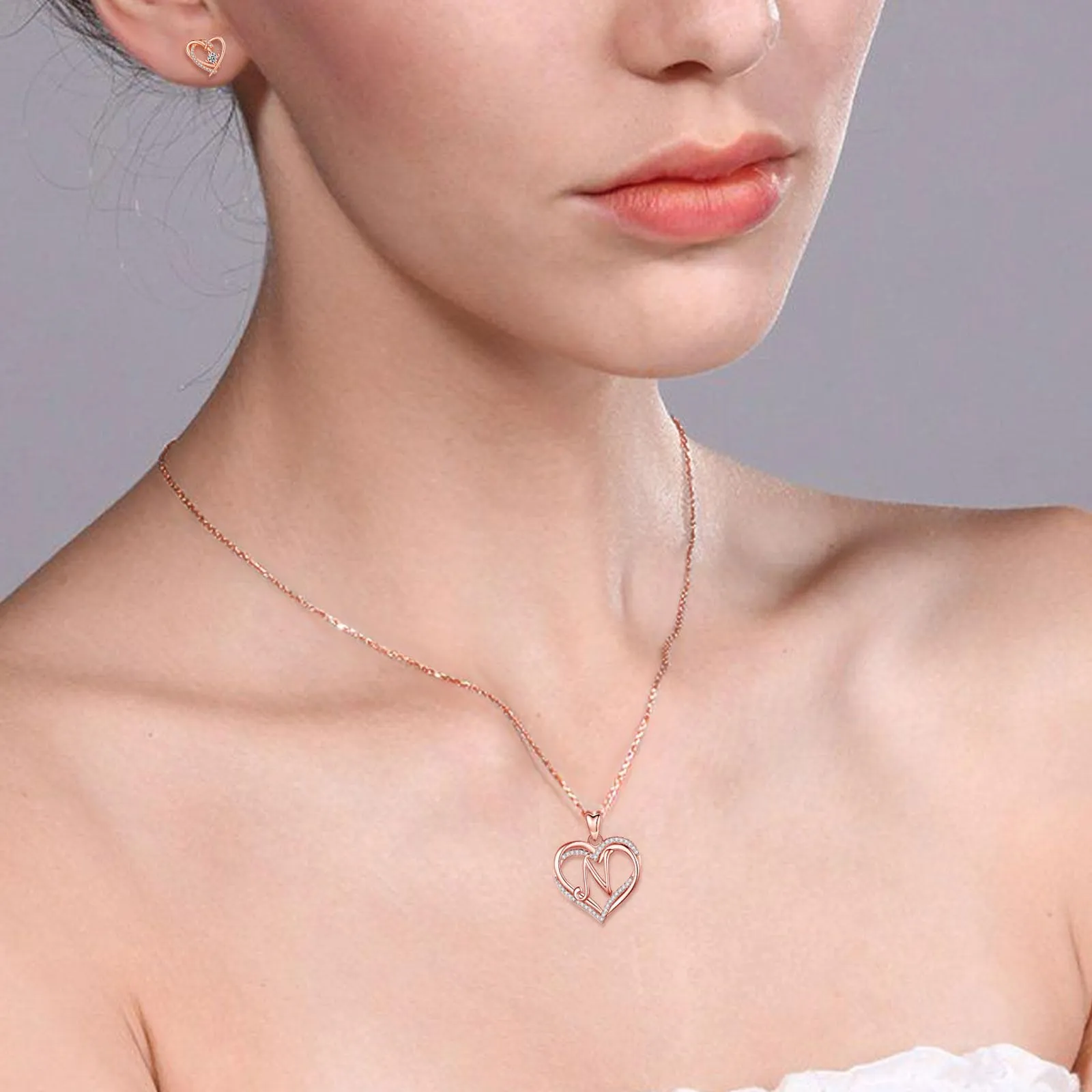 INFUSEU Collana con Ciondolo Lettera N e Doppio Cuore, Oro Rosa e Cubic Zirconia - immagine 4