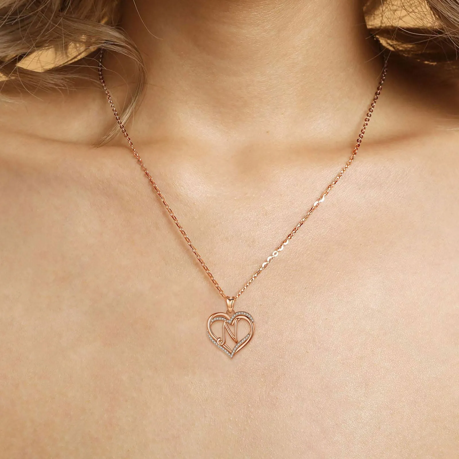 INFUSEU Collana con Ciondolo Lettera N e Doppio Cuore, Oro Rosa e Cubic Zirconia - immagine 9