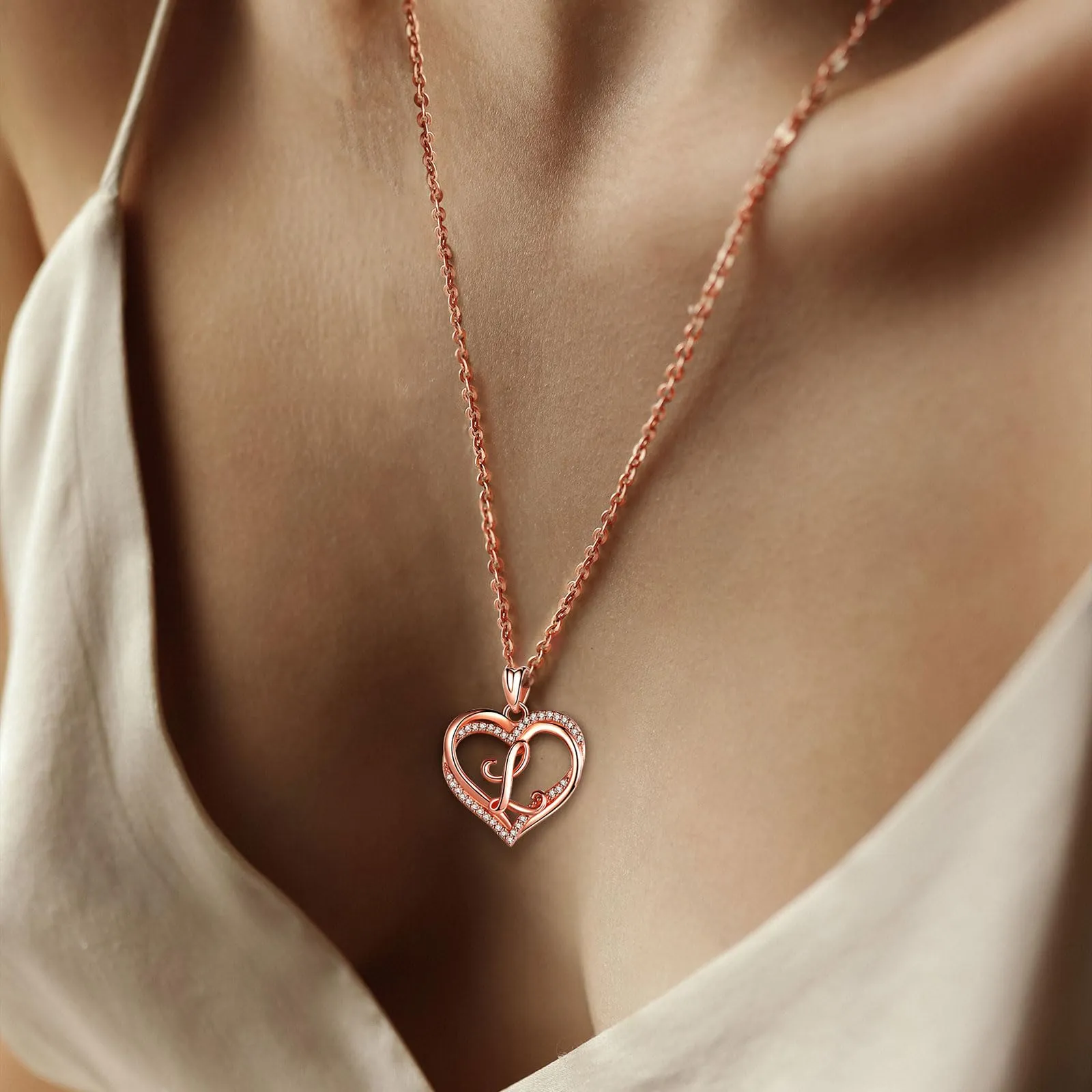 INFUSEU Collana Iniziale Cuore Donna in Oro Rosa con Cubic Zirconia, Catena da 20 Pollici - immagine 4
