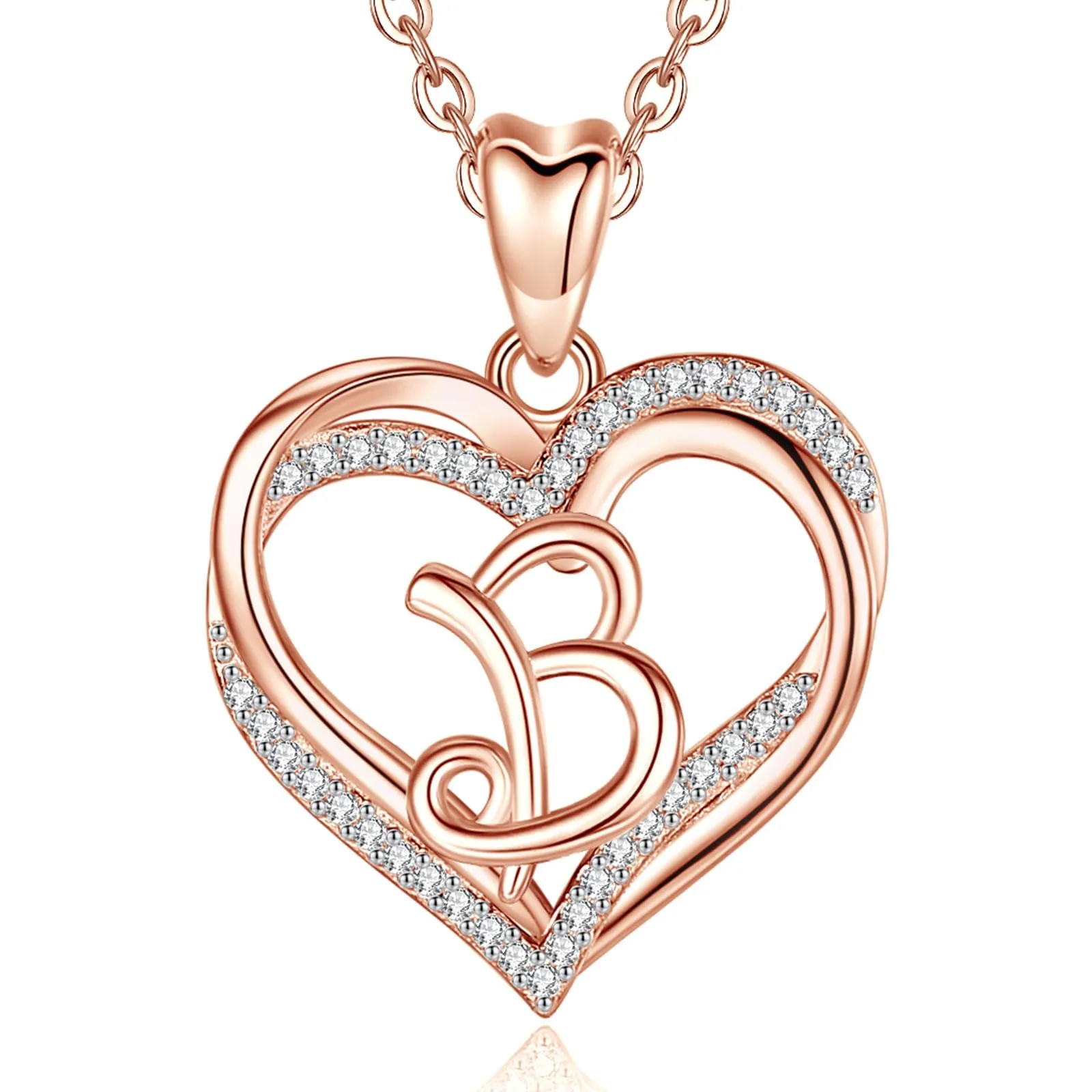INFUSEU Collana Donna con Iniziale Lettera B, Ciondolo Doppio Cuore in Oro Rosa con Zirconi Cubici, Catena da 20 Pollici - immagine 1