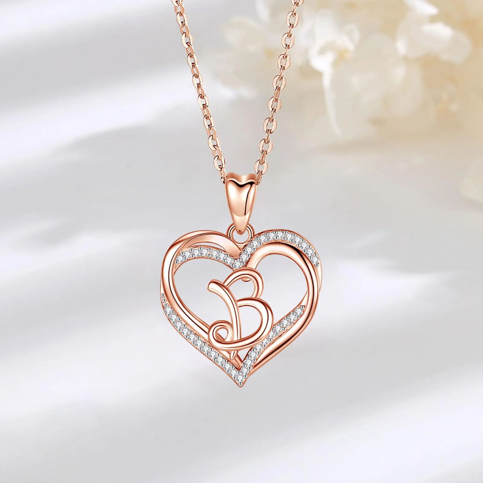 INFUSEU Collana Donna con Iniziale Lettera B, Ciondolo Doppio Cuore in Oro Rosa con Zirconi Cubici, Catena da 20 Pollici - immagine 5