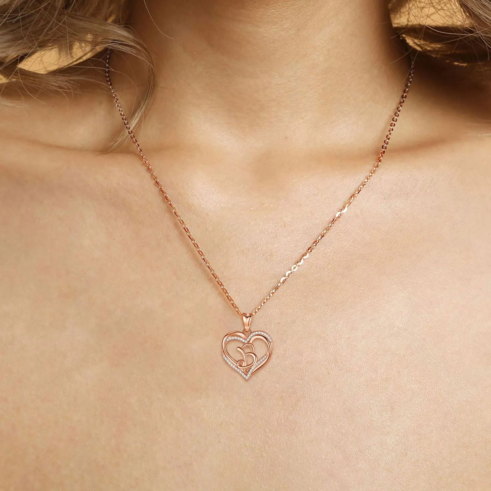 INFUSEU Collana Donna con Iniziale Lettera B, Ciondolo Doppio Cuore in Oro Rosa con Zirconi Cubici, Catena da 20 Pollici - immagine 8
