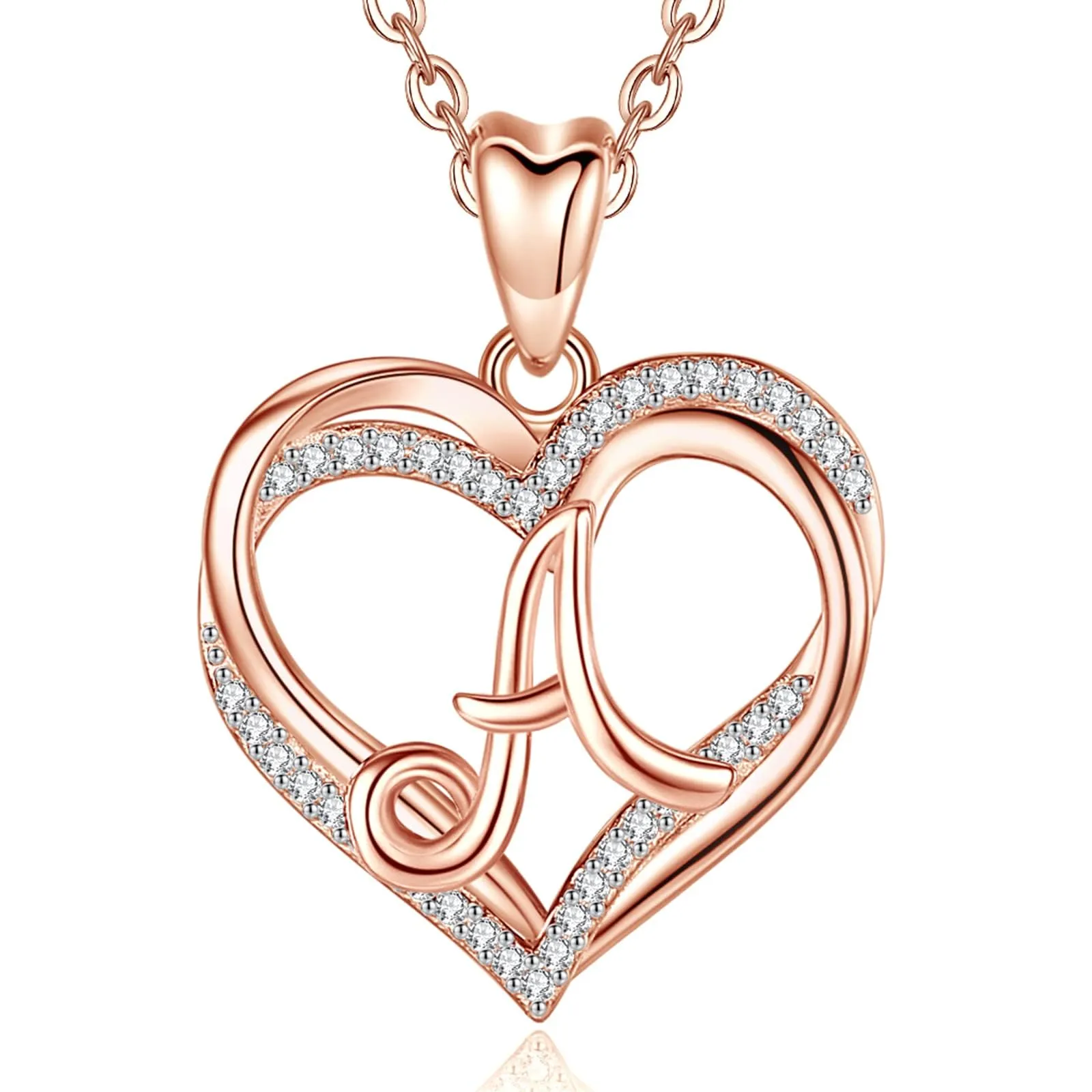 INFUSEU Collana Ciondolo Lettera Alfabeto Doppio Cuore Iniziale in Oro Rosa e Cubic Zirconia, Catena da 20 Pollici - immagine 1