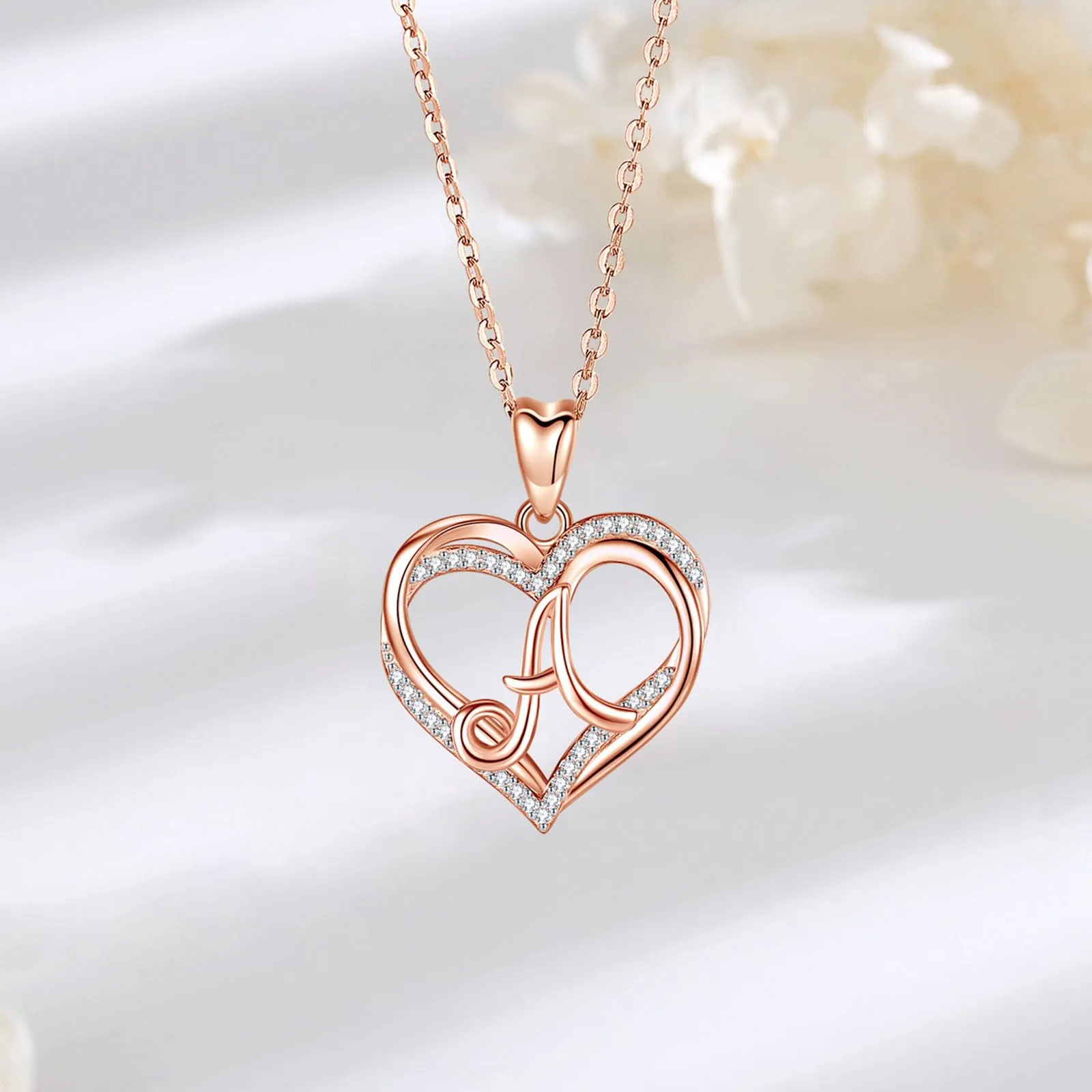 INFUSEU Collana Ciondolo Lettera Alfabeto Doppio Cuore Iniziale in Oro Rosa e Cubic Zirconia, Catena da 20 Pollici - immagine 2