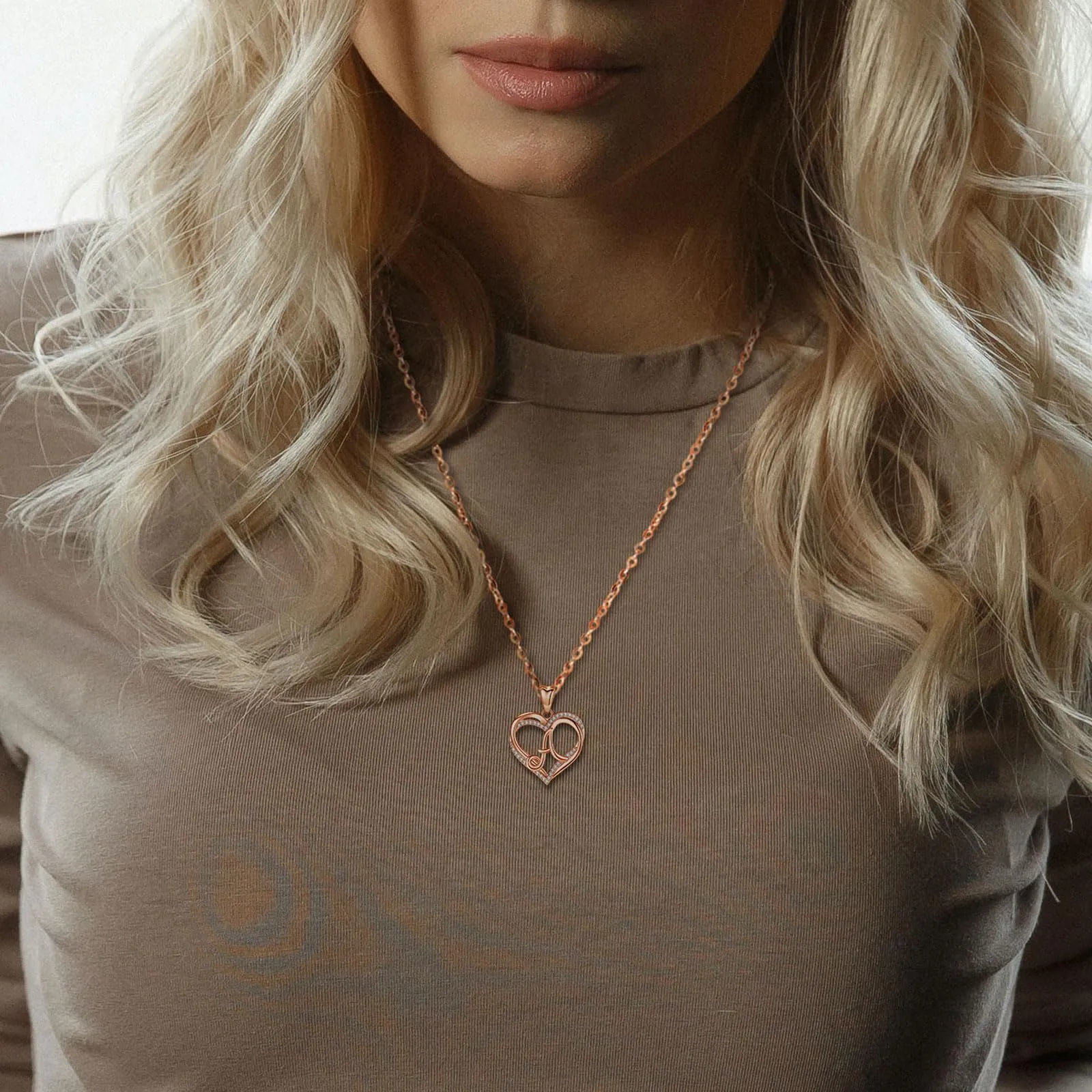 INFUSEU Collana Ciondolo Lettera Alfabeto Doppio Cuore Iniziale in Oro Rosa e Cubic Zirconia, Catena da 20 Pollici - immagine 5