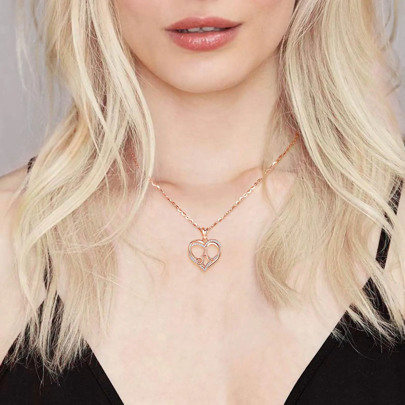 INFUSEU Collana Ciondolo Lettera Alfabeto Doppio Cuore Iniziale in Oro Rosa e Cubic Zirconia, Catena da 20 Pollici - immagine 8