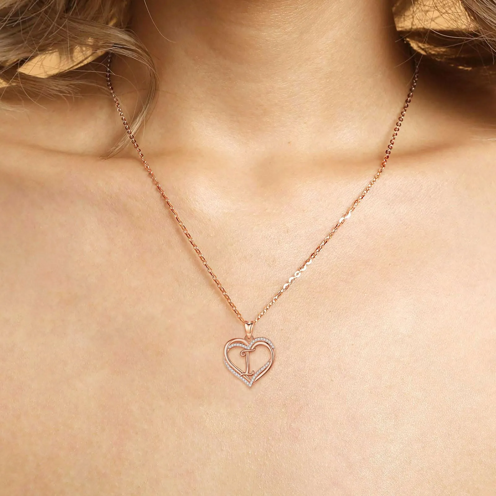INFUSEU Collana Doppio Cuore con Iniziale Alfabeto Lettera I, Oro Rosa, 20 Pollici - immagine 2