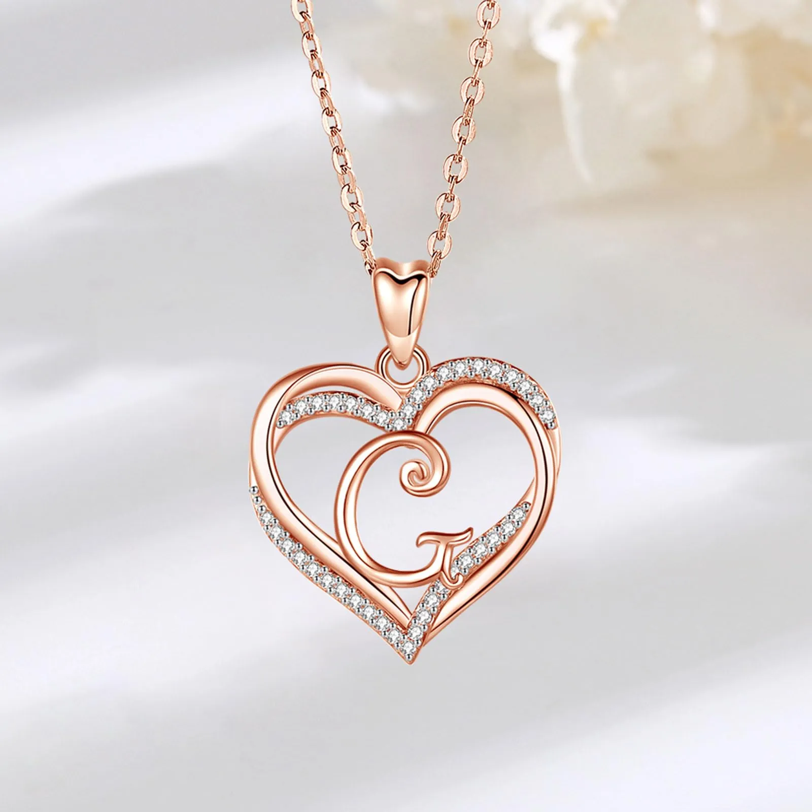INFUSEU Collana Lettera Alfabeto con Ciondolo Doppio Cuore, Oro Rosa, 20 Pollici - immagine 2
