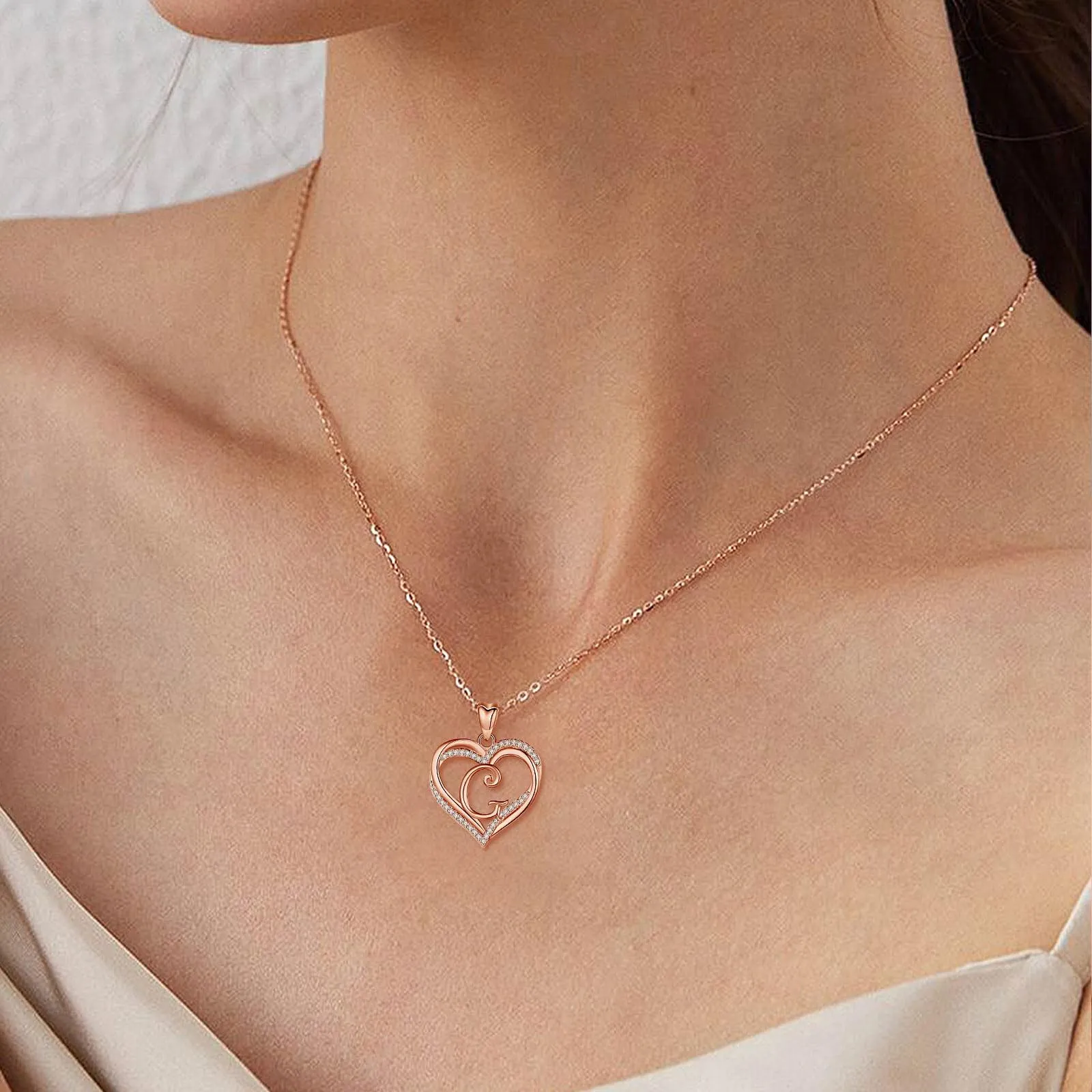 INFUSEU Collana Lettera Alfabeto con Ciondolo Doppio Cuore, Oro Rosa, 20 Pollici - immagine 4