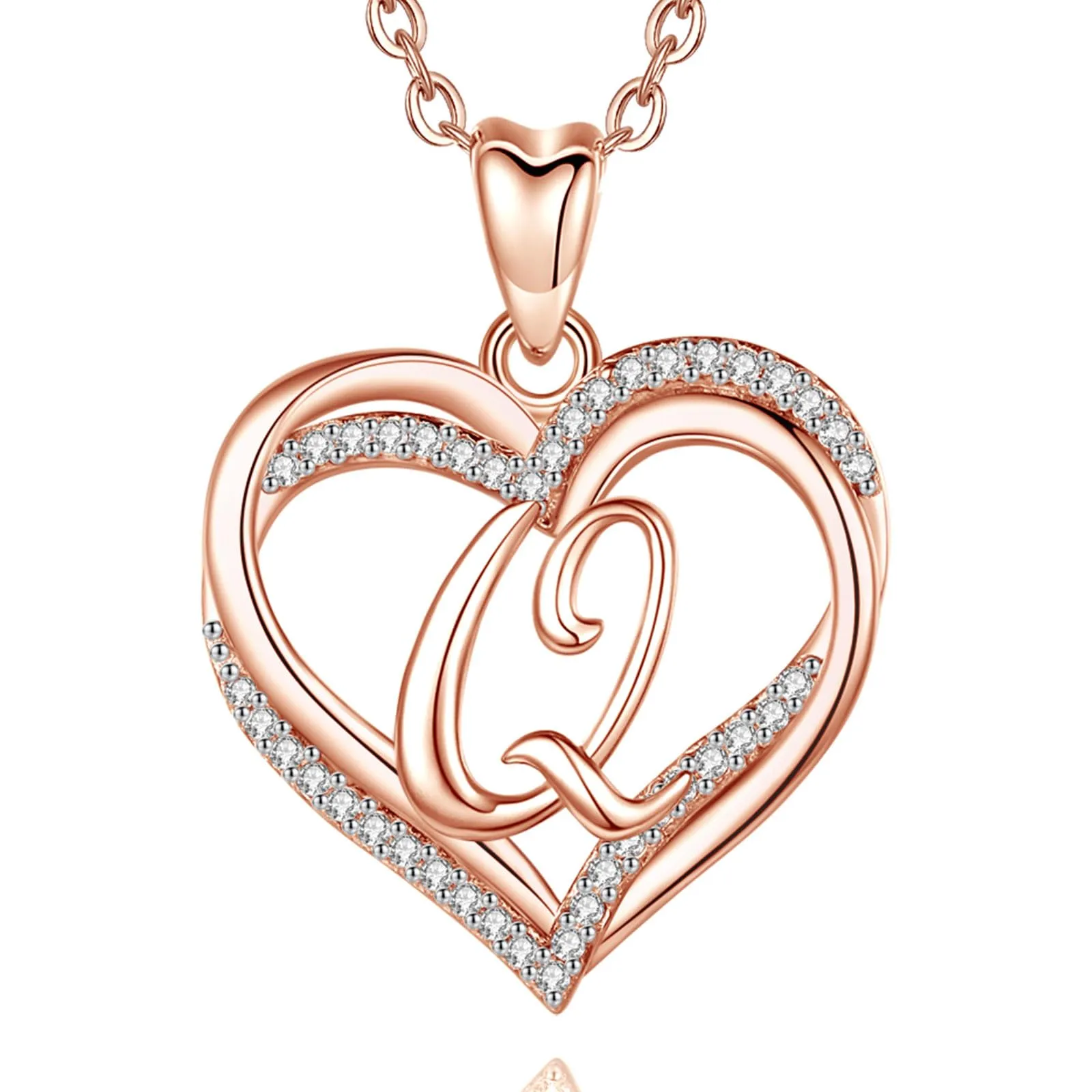 INFUSEU Collana in Oro Rosa con Ciondolo Iniziale Q, Lettera Doppio Cuore e Cubic Zirconia, Catena da 20 Pollici - immagine 1