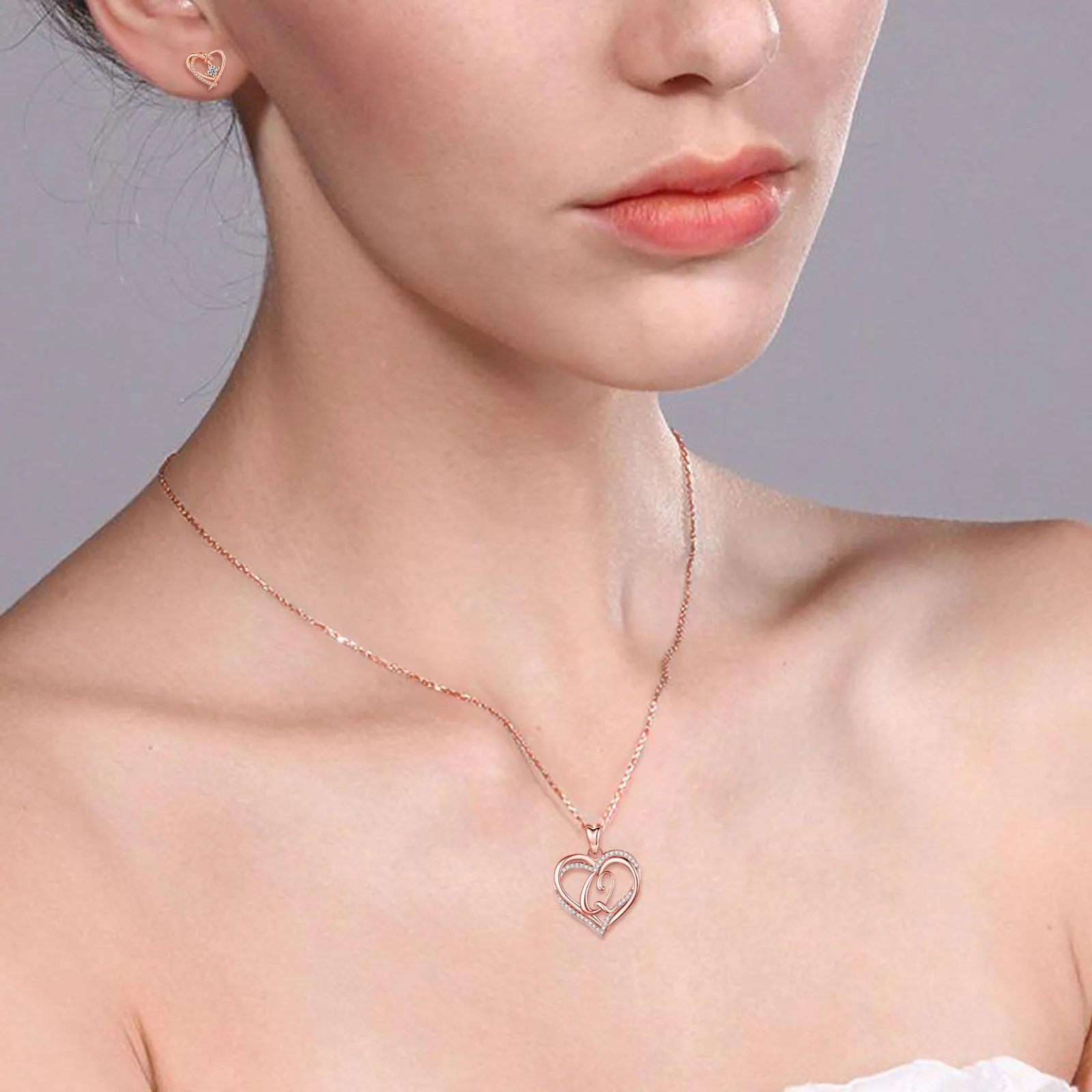 INFUSEU Collana in Oro Rosa con Ciondolo Iniziale Q, Lettera Doppio Cuore e Cubic Zirconia, Catena da 20 Pollici - immagine 5