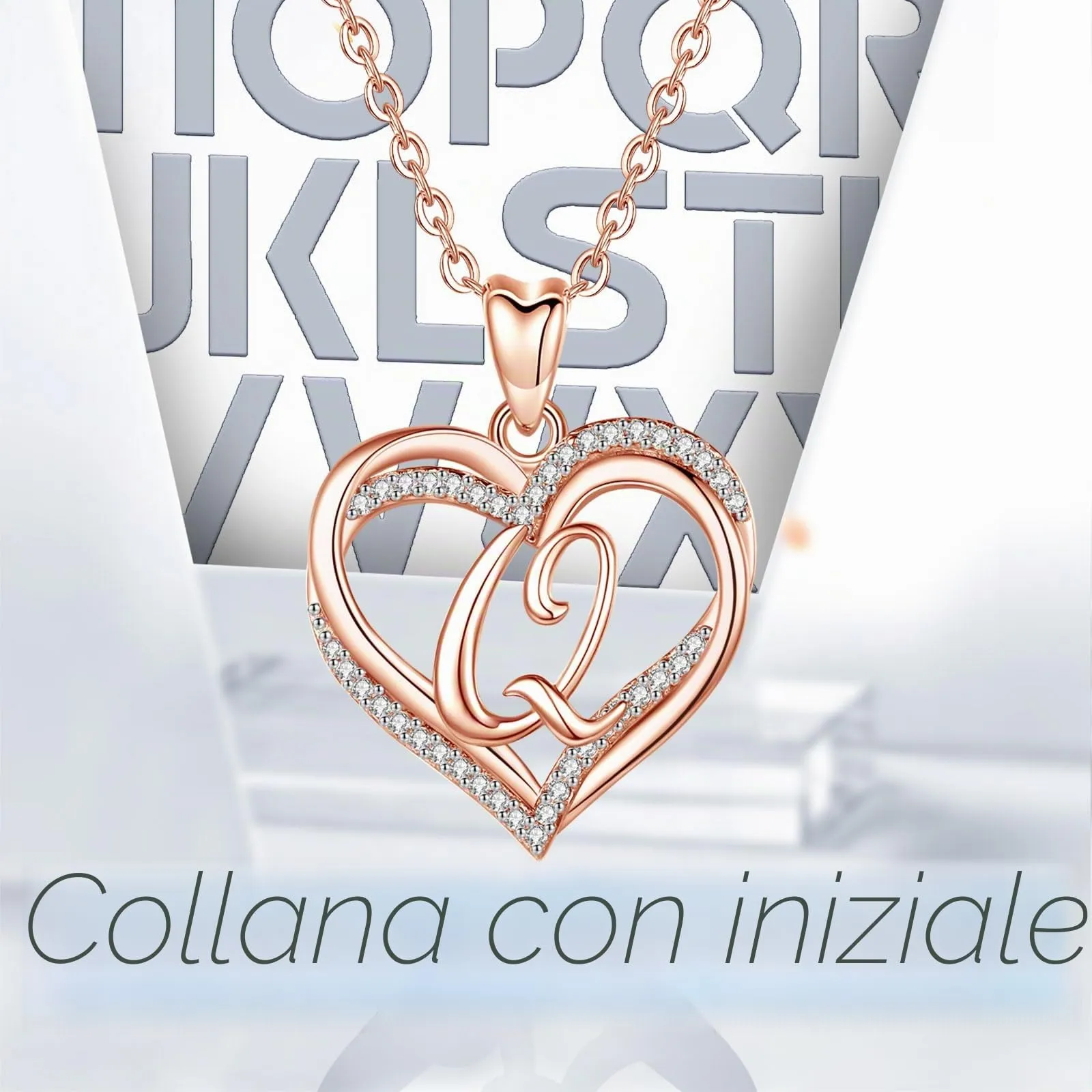 INFUSEU Collana in Oro Rosa con Ciondolo Iniziale Q, Lettera Doppio Cuore e Cubic Zirconia, Catena da 20 Pollici - immagine 7