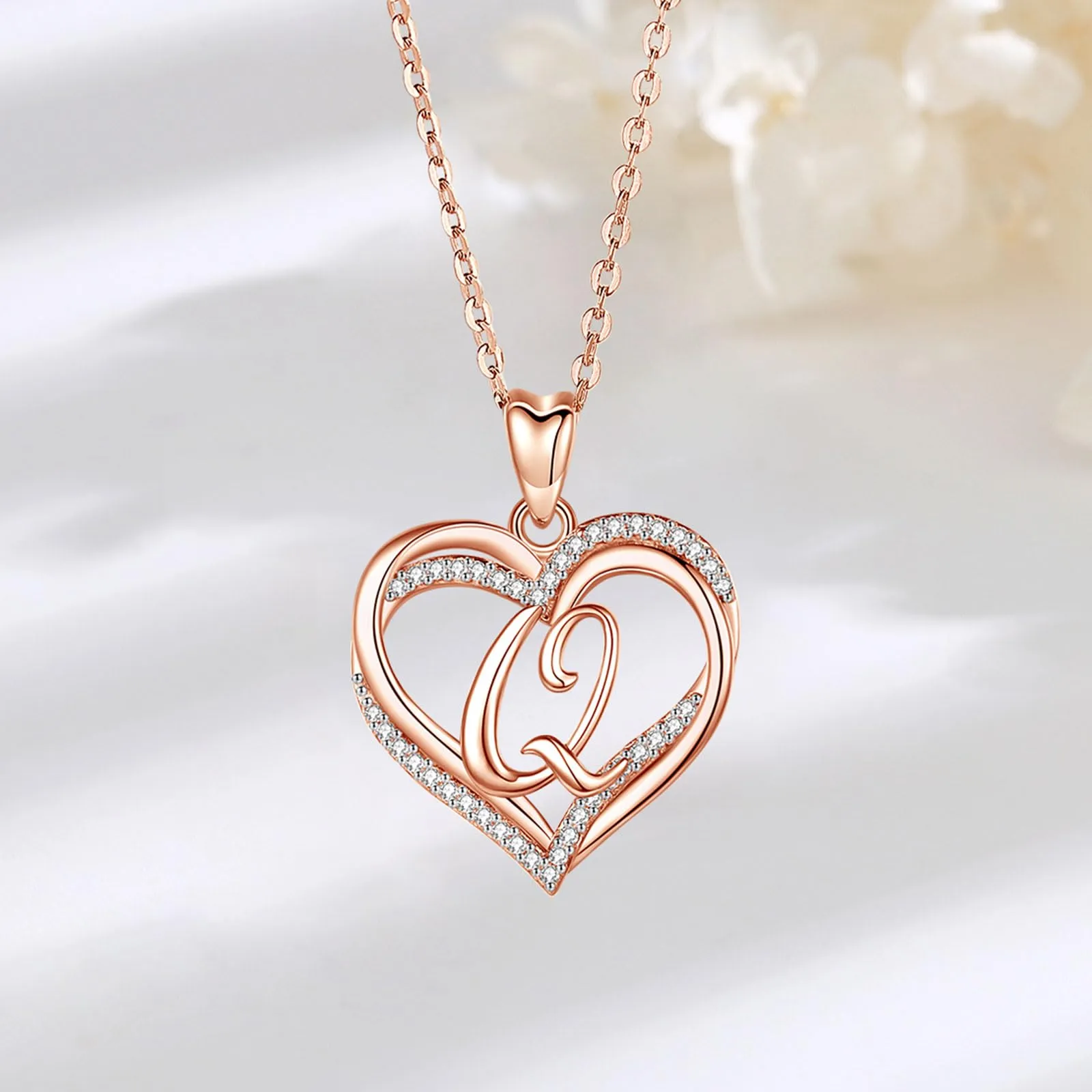 INFUSEU Collana in Oro Rosa con Ciondolo Iniziale Q, Lettera Doppio Cuore e Cubic Zirconia, Catena da 20 Pollici - immagine 8